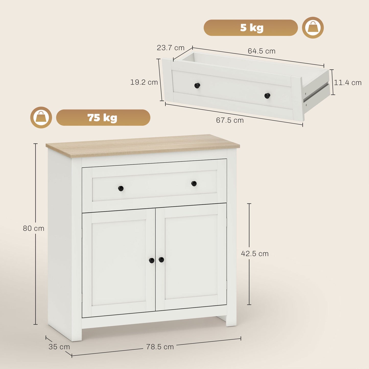 Sideboard Storage Cabinet, Modern Kitchen Cupboard with Adjustable Shelf, Drawer and Double Doors, Sideboard for Living Room, Dining Room, Hallway, Cream White