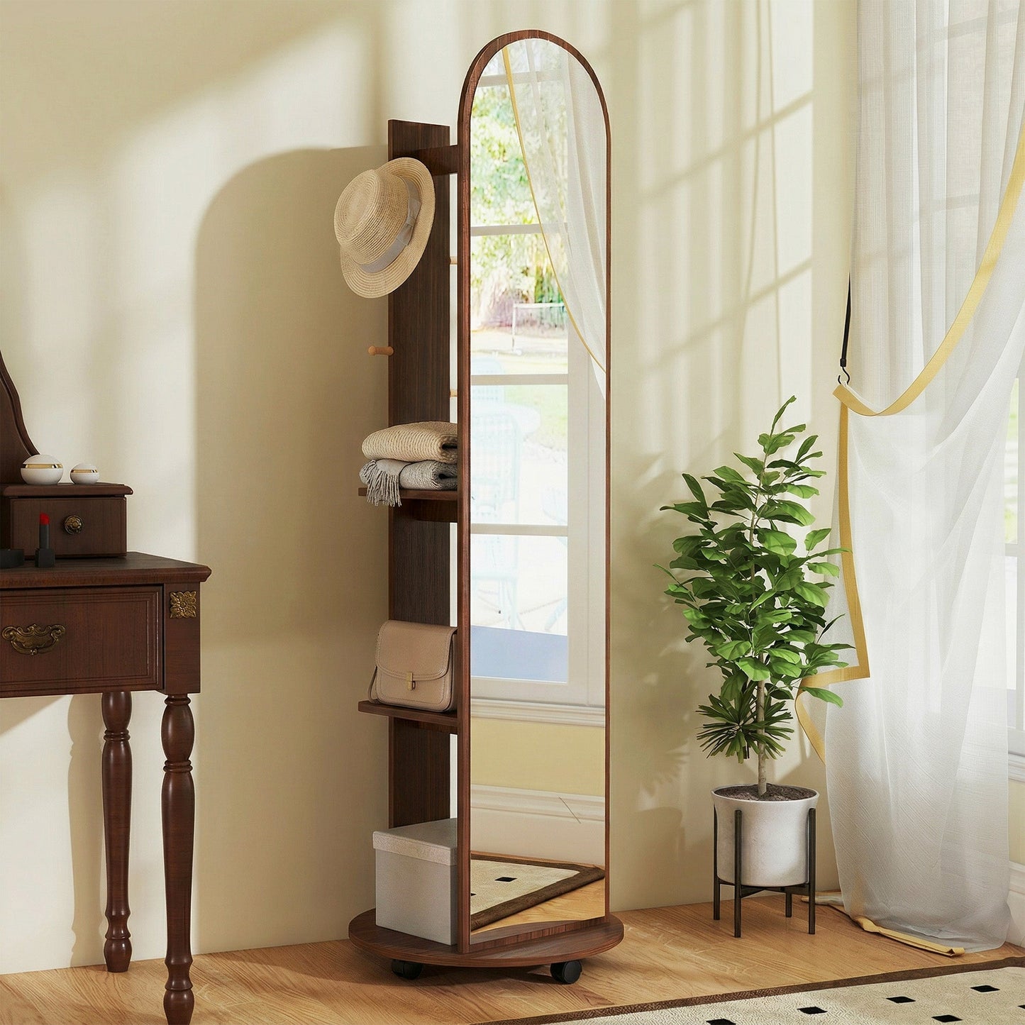 2-in-1 Full Length Mirror with Storage Shelves, Floor Mirror with 4 Universal Wheels, Coat Rack, 4 Hooks, Space-Saving Freestanding Organiser for Bedroom, Living Room, Brown Wood Effect