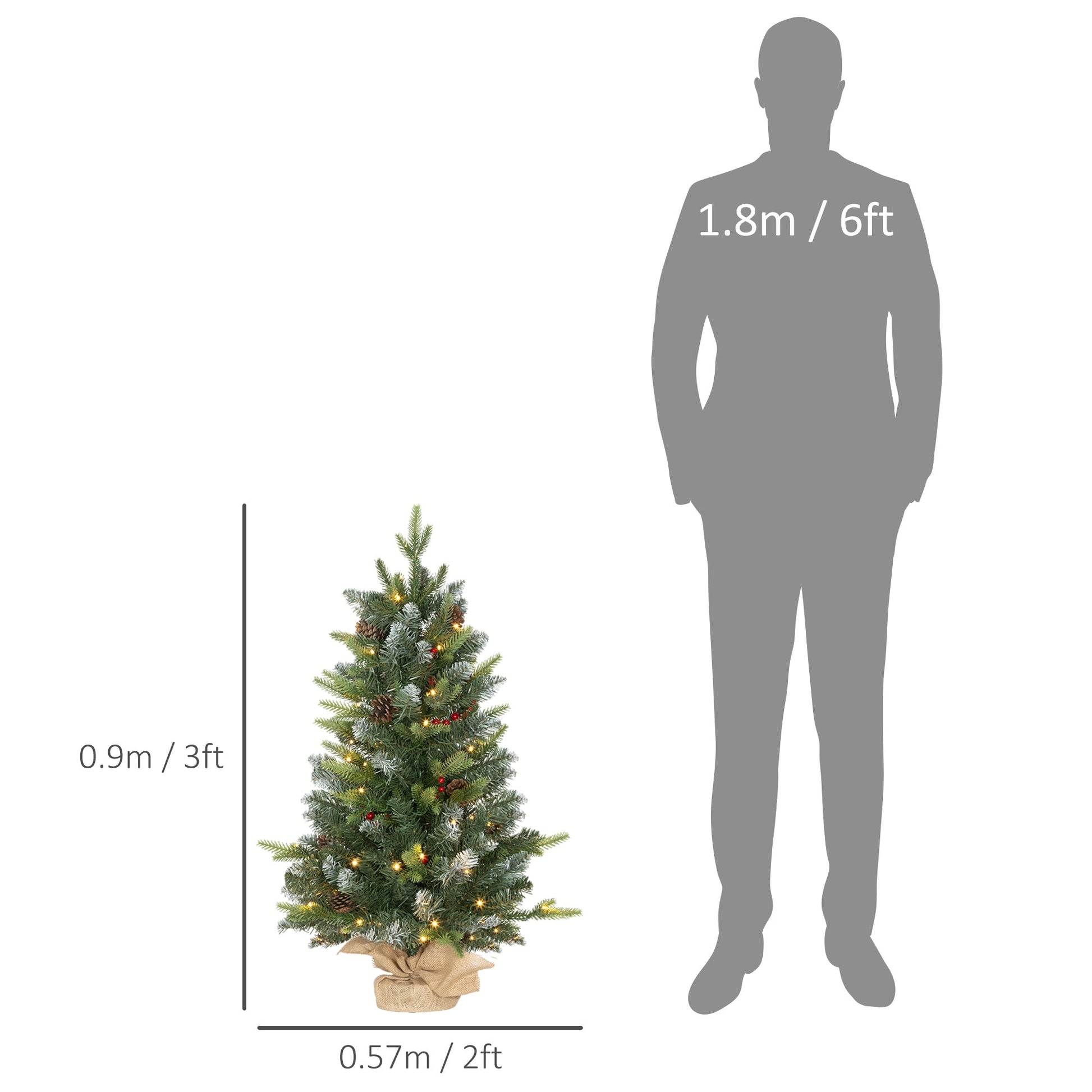 HOMCOM 2 Pieces 3ft Prelit Artificial Christmas Tree with LED Light and 291 Tips, Concrete Base, Tabletop Xmas Tree with Pine Cones and Red Berries, Green