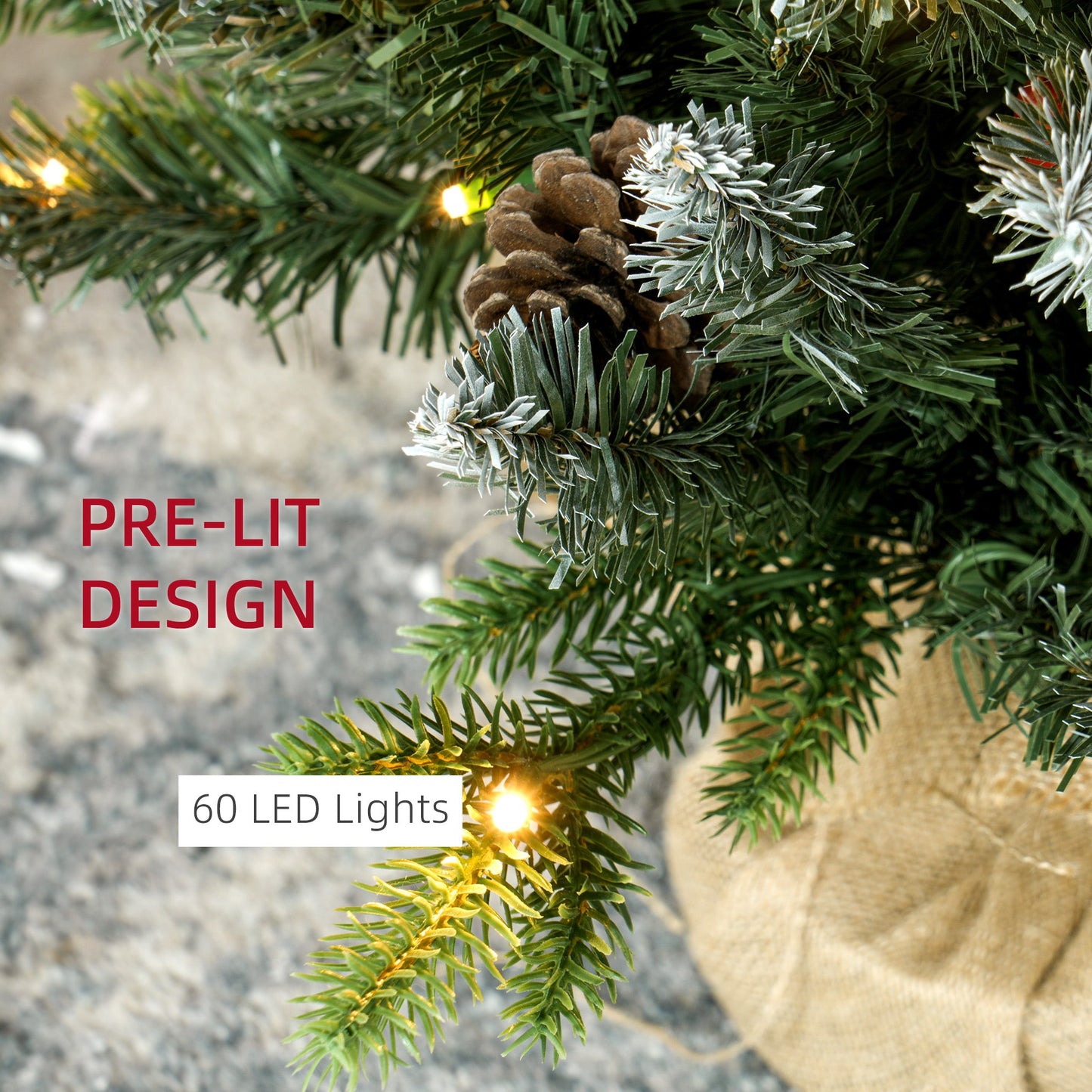 HOMCOM 2 Pieces 3ft Prelit Artificial Christmas Tree with LED Light and 291 Tips, Concrete Base, Tabletop Xmas Tree with Pine Cones and Red Berries, Green