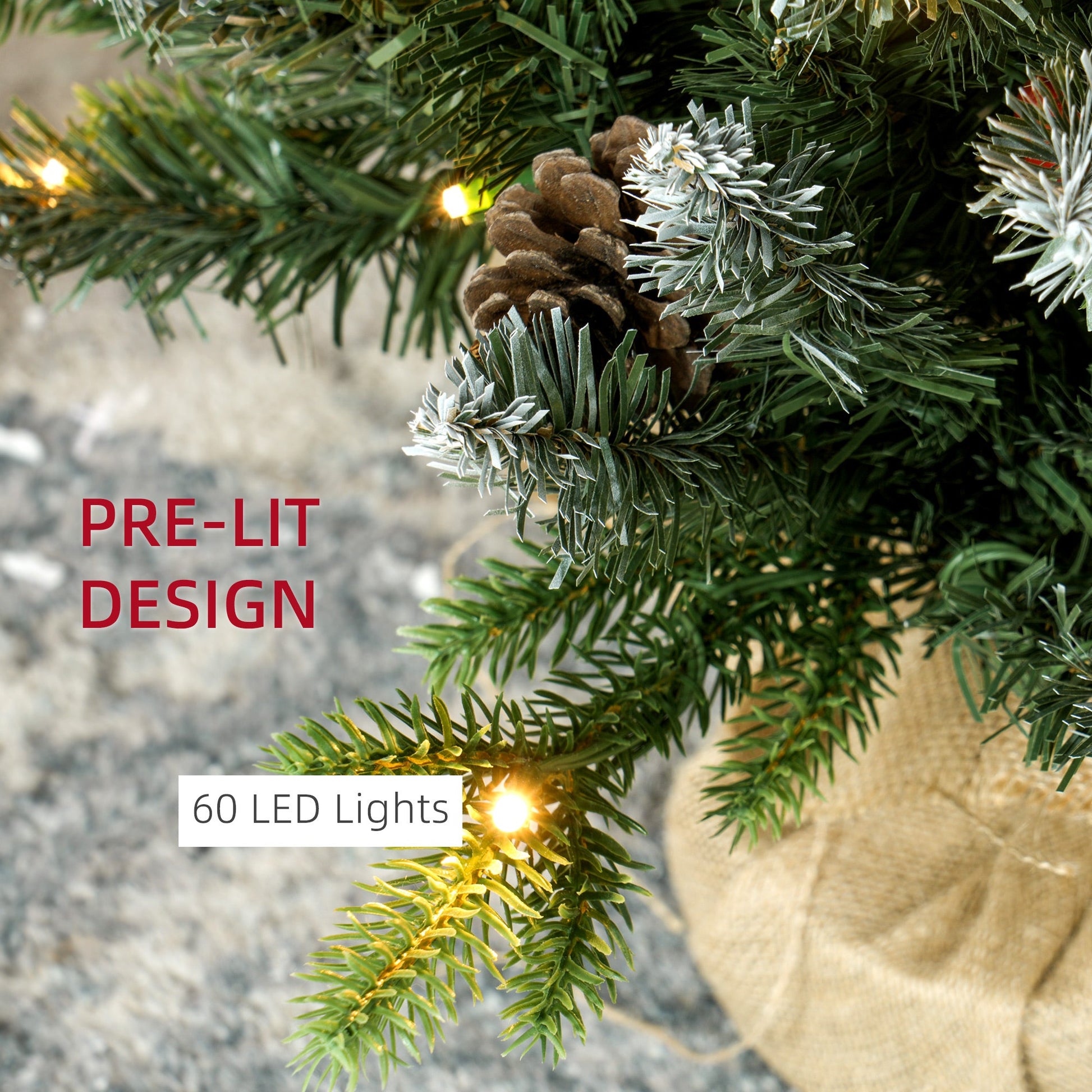 HOMCOM 2 Pieces 3ft Prelit Artificial Christmas Tree with LED Light and 291 Tips, Concrete Base, Tabletop Xmas Tree with Pine Cones and Red Berries, Green