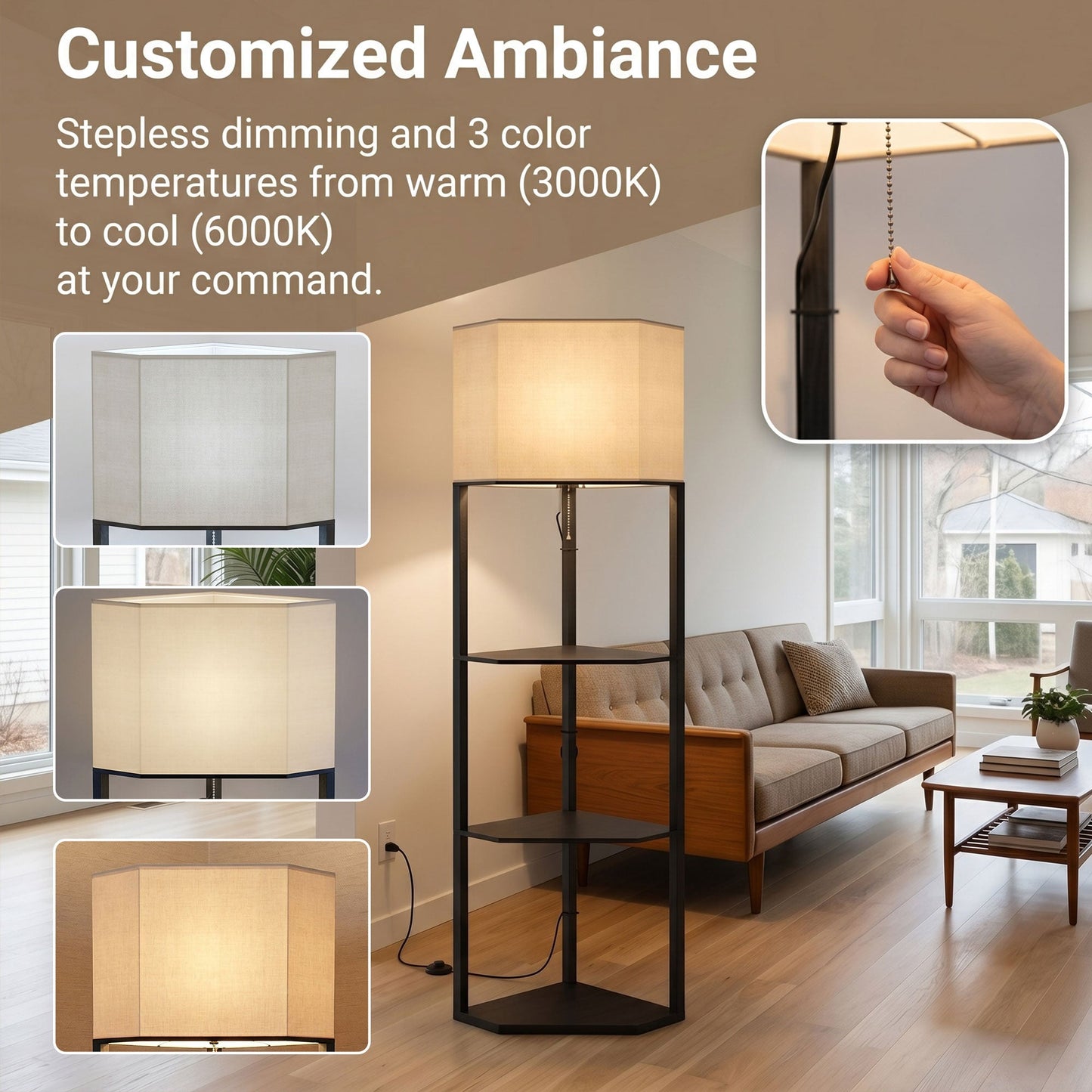 Corner Floor Lamp with Shelves and Lights, Modern Dimmable Standing Lamp with 3000K/4000K/6000K Colour Temperature, Chain Switch & Remote Control for Living Room, Bedroom, Black