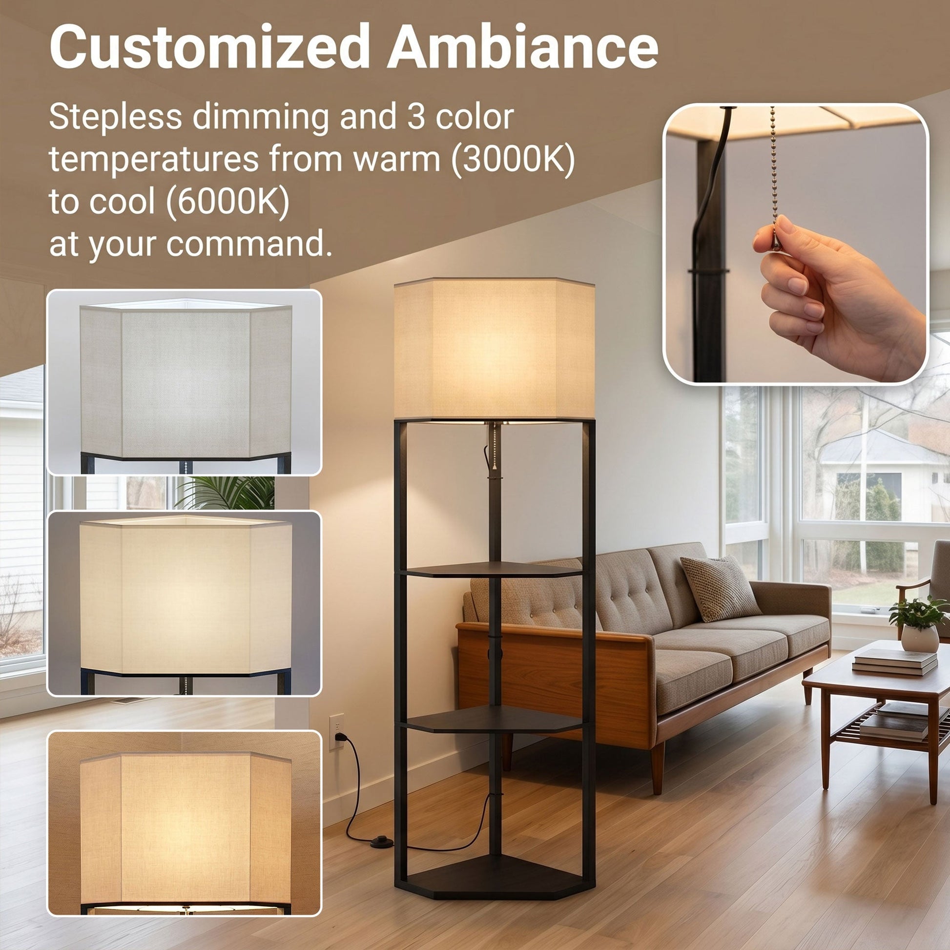 Corner Floor Lamp with Shelves and Lights, Modern Dimmable Standing Lamp with 3000K/4000K/6000K Colour Temperature, Chain Switch & Remote Control for Living Room, Bedroom, Black