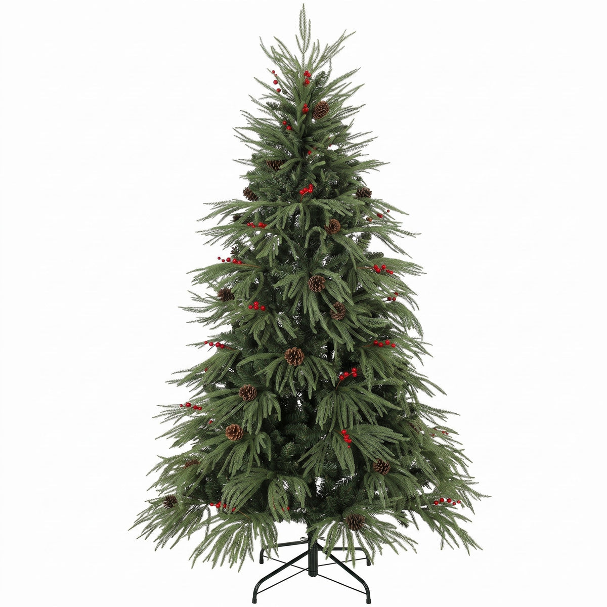 6ft Artificial Christmas Tree with Pinecones, Red Berries, Hinged Predecorated Xmas Tree with 2843 Branch Tips, Foldable Metal Base for Home Office Holiday Decoration, Green