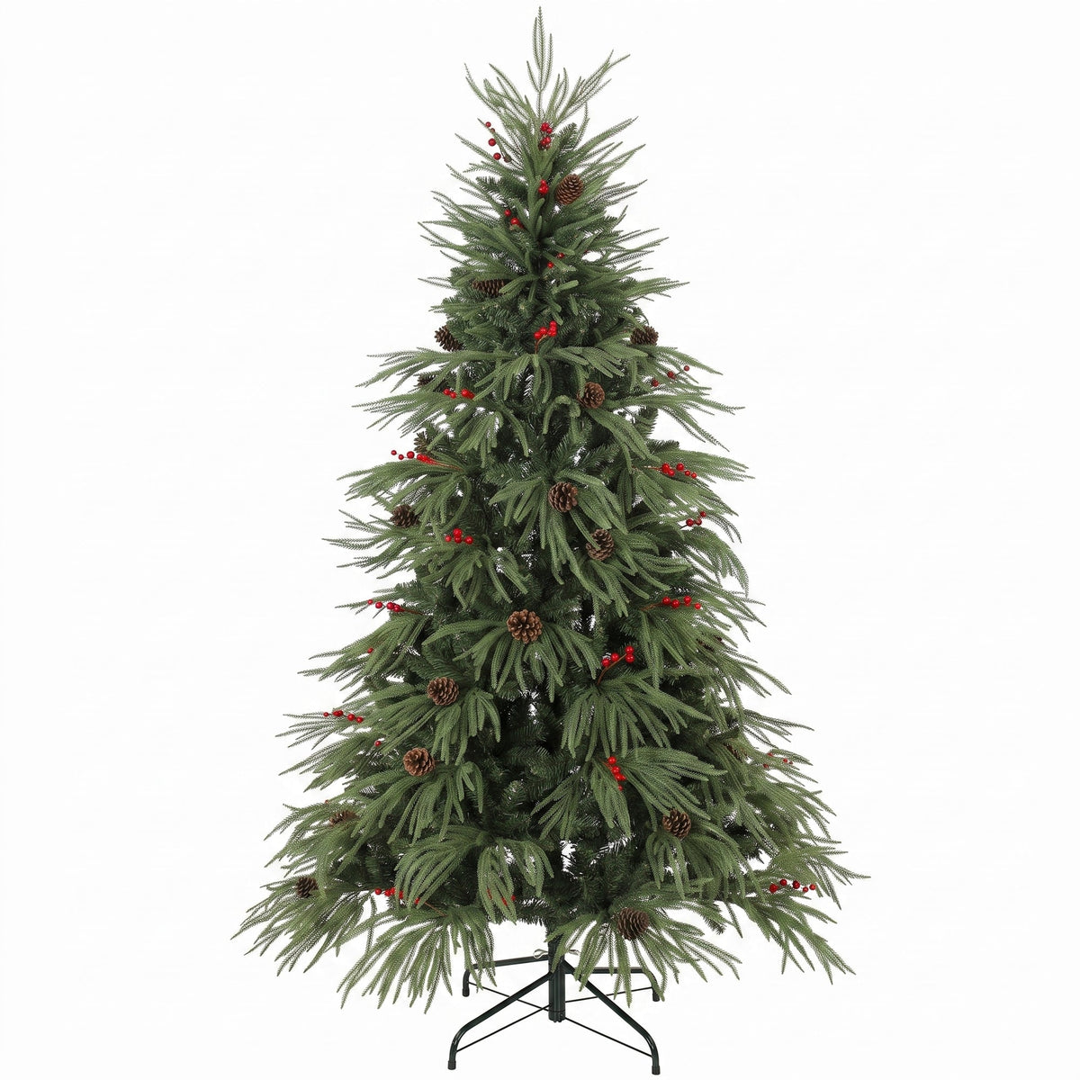 6ft Artificial Christmas Tree with Pinecones, Red Berries, Hinged Predecorated Xmas Tree with 2843 Branch Tips, Foldable Metal Base for Home Office Holiday Decoration, Green