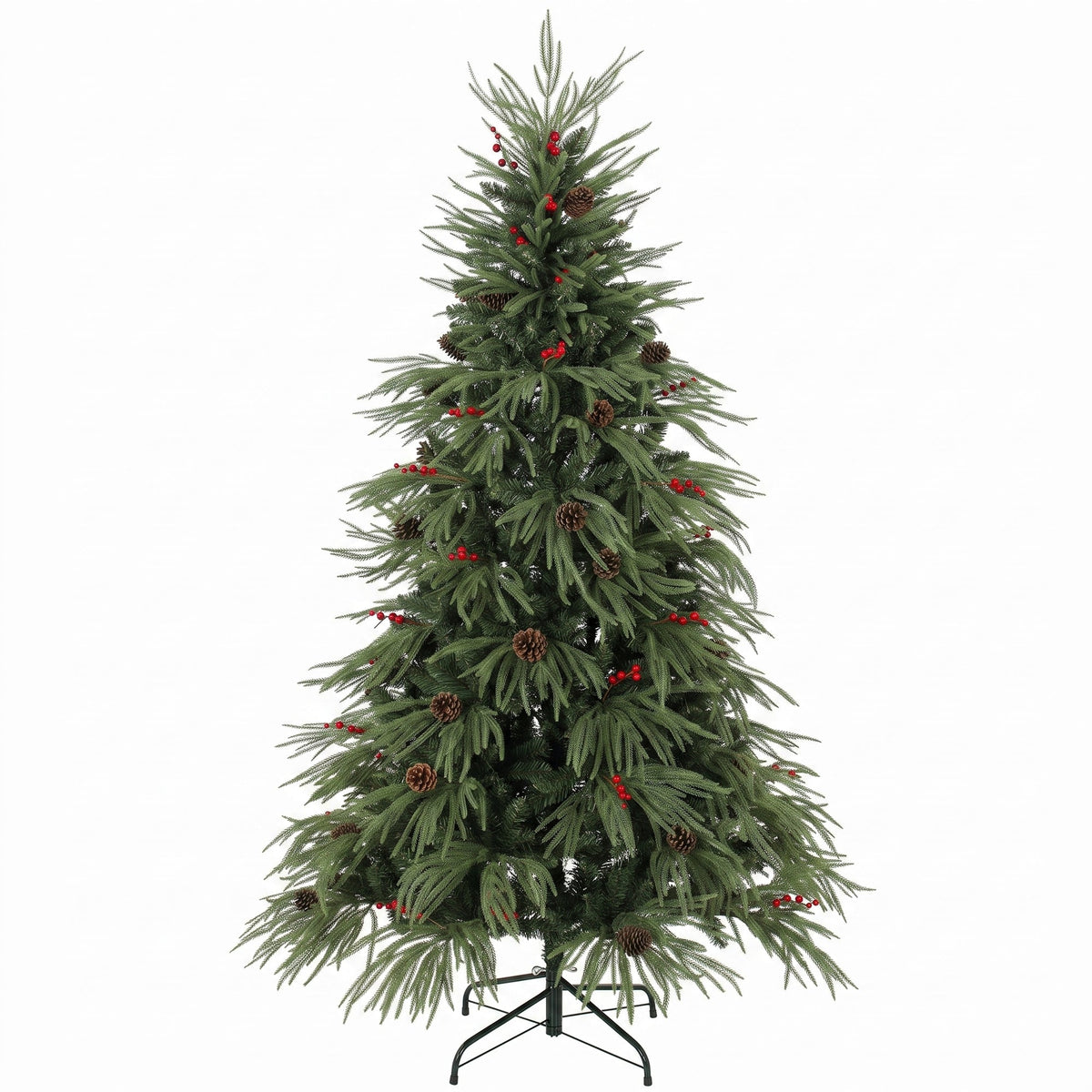 6ft Artificial Christmas Tree with Pinecones, Red Berries, Hinged Predecorated Xmas Tree with 2843 Branch Tips, Foldable Metal Base for Home Office Holiday Decoration, Green
