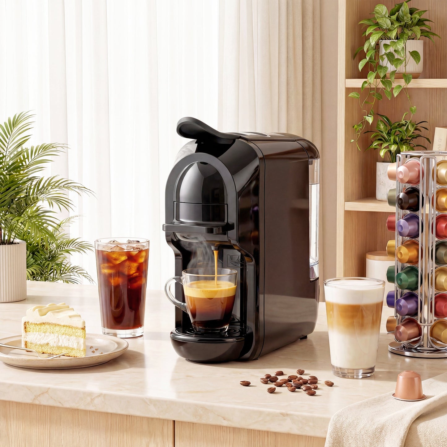 Pod Coffee Machine for Nespresso Original, Dolce Gusto Capsule and Ground Coffee, Small Semi Automatic Coffee Maker with 19 Bar Pump and 0.6L Water Tank for Home Office, Black