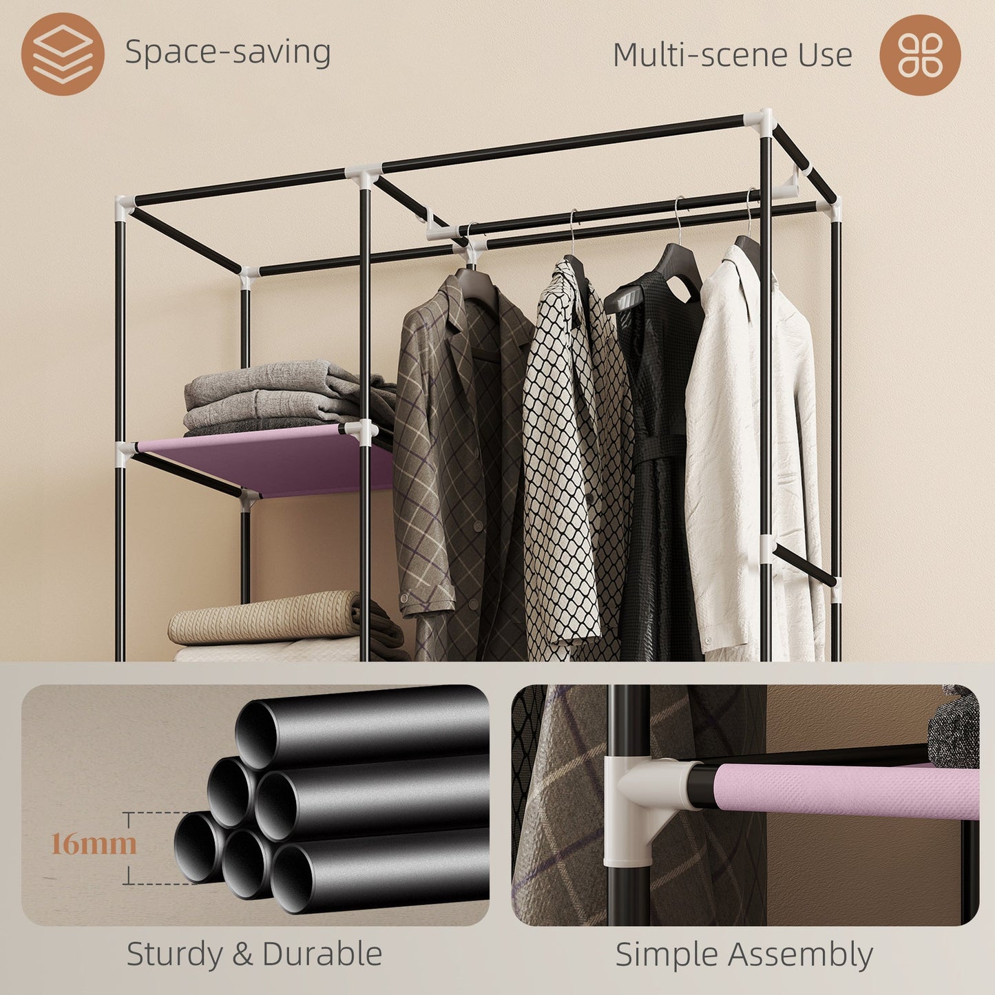 Fabric Wardrobe, Mobile Portable Wardrobe with 6 Shelves, 1 Hanging Rail, Foldable Closets, 103 x 43 x 162.5 cm, Pink