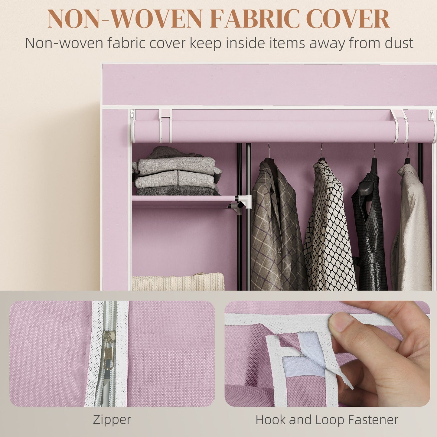 Fabric Wardrobe, Mobile Portable Wardrobe with 6 Shelves, 1 Hanging Rail, Foldable Closets, 103 x 43 x 162.5 cm, Pink