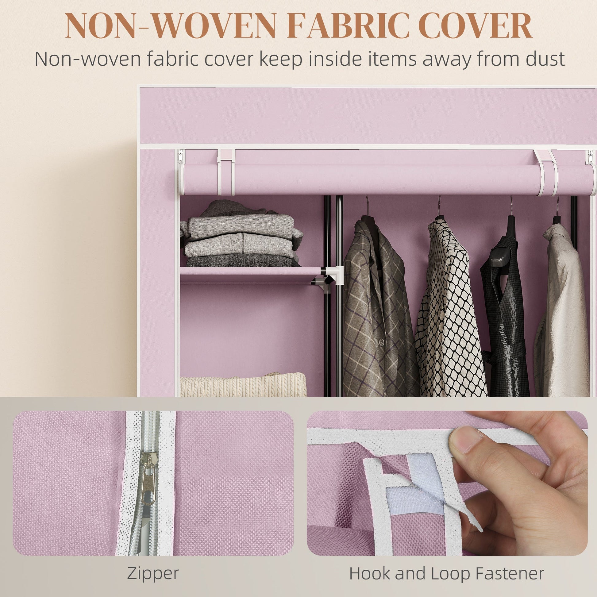 Fabric Wardrobe, Mobile Portable Wardrobe with 6 Shelves, 1 Hanging Rail, Foldable Closets, 103 x 43 x 162.5 cm, Pink