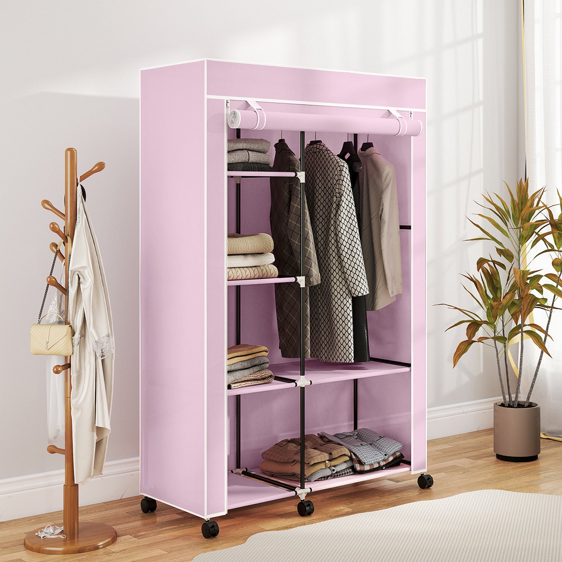 Fabric Wardrobe, Mobile Portable Wardrobe with 6 Shelves, 1 Hanging Rail, Foldable Closets, 103 x 43 x 162.5 cm, Pink