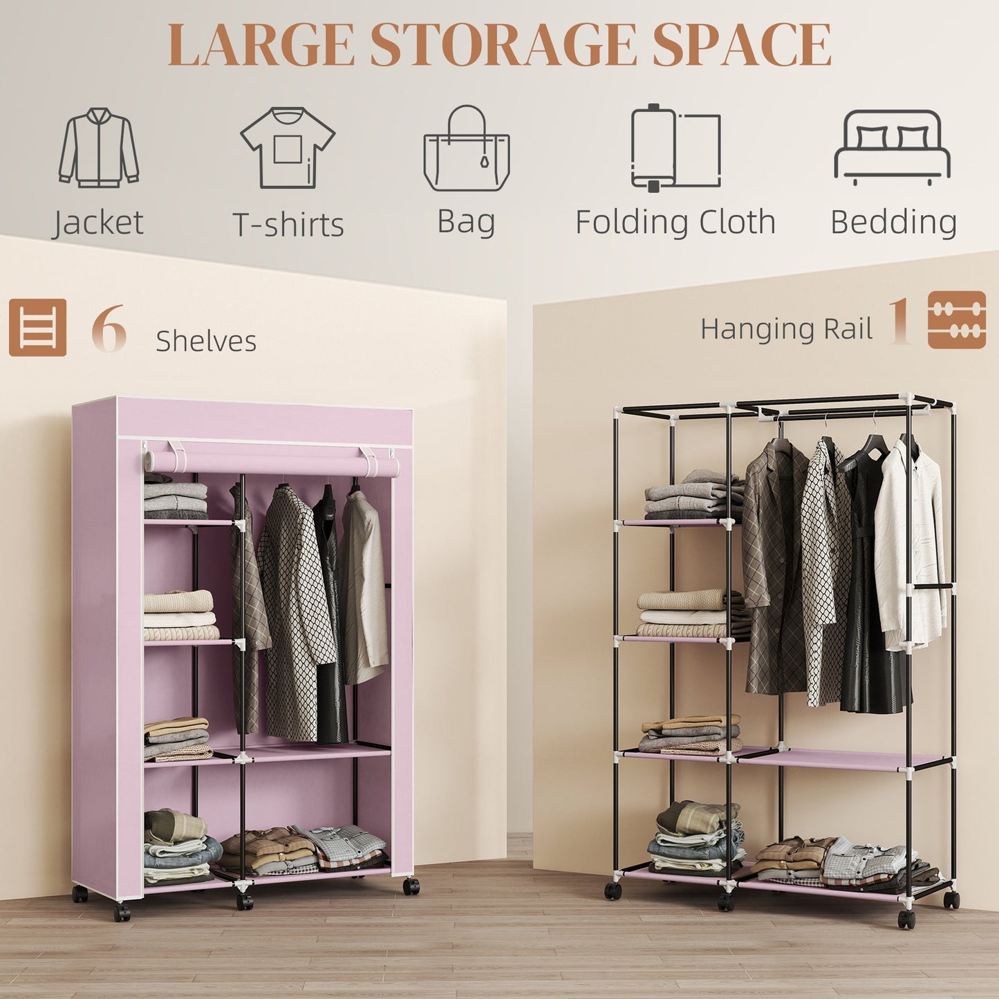 Fabric Wardrobe, Mobile Portable Wardrobe with 6 Shelves, 1 Hanging Rail, Foldable Closets, 103 x 43 x 162.5 cm, Pink
