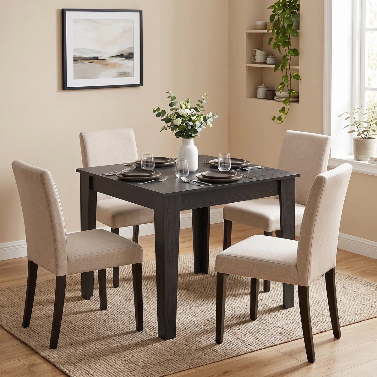 Dining Table for 4, 80L x 80W x 75Hcm, Modern Square Kitchen Table with Wood Effect Tabletop, for Dining Room, Kitchen, Living Room, Black Wood Effect
