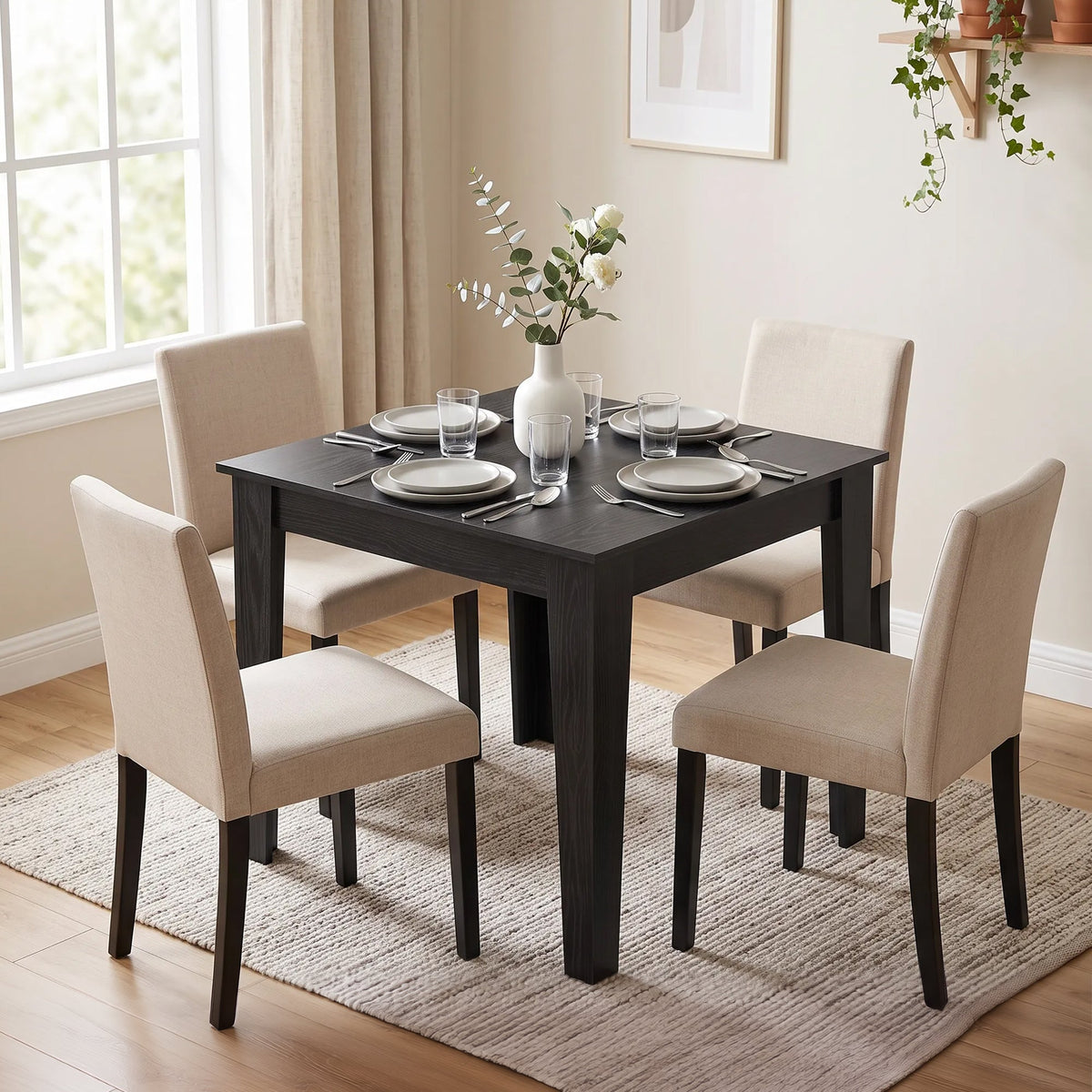 Dining Table for 4, 80L x 80W x 75Hcm, Modern Square Kitchen Table with Wood Effect Tabletop, for Dining Room, Kitchen, Living Room, Black Wood Effect
