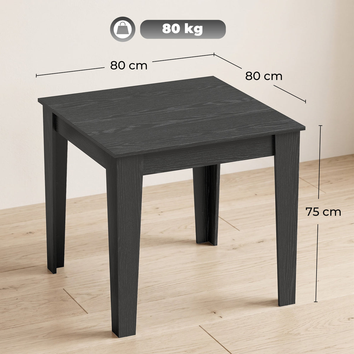 Dining Table for 4, 80L x 80W x 75Hcm, Modern Square Kitchen Table with Wood Effect Tabletop, for Dining Room, Kitchen, Living Room, Black Wood Effect