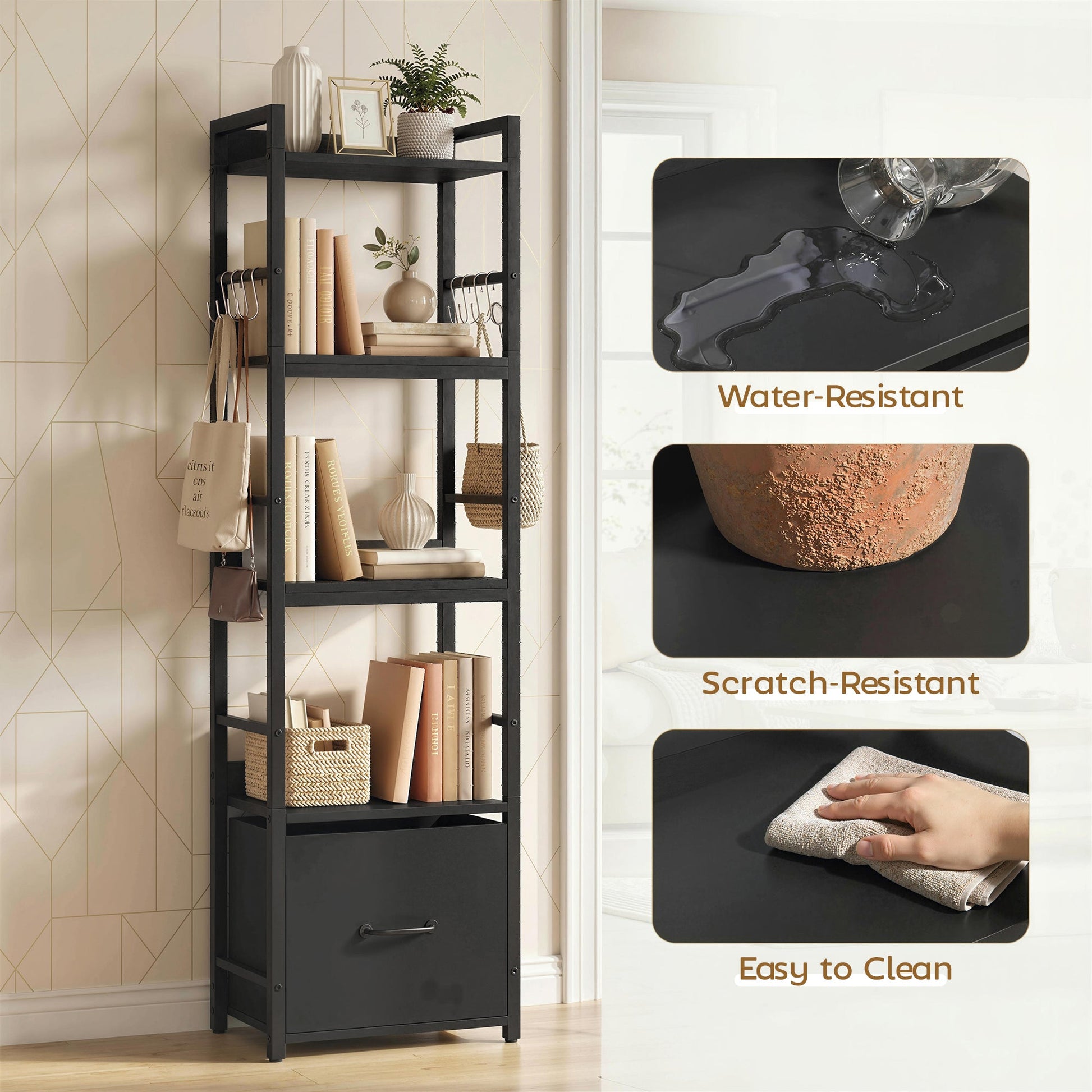4-Tier Bookshelf, Narrow Bookcase with Drawer, 8 Hooks, Metal Frame, Shelving Unit for Living Room, Bedroom, Home Office, 39 x 26 x 136.5 cm, Black