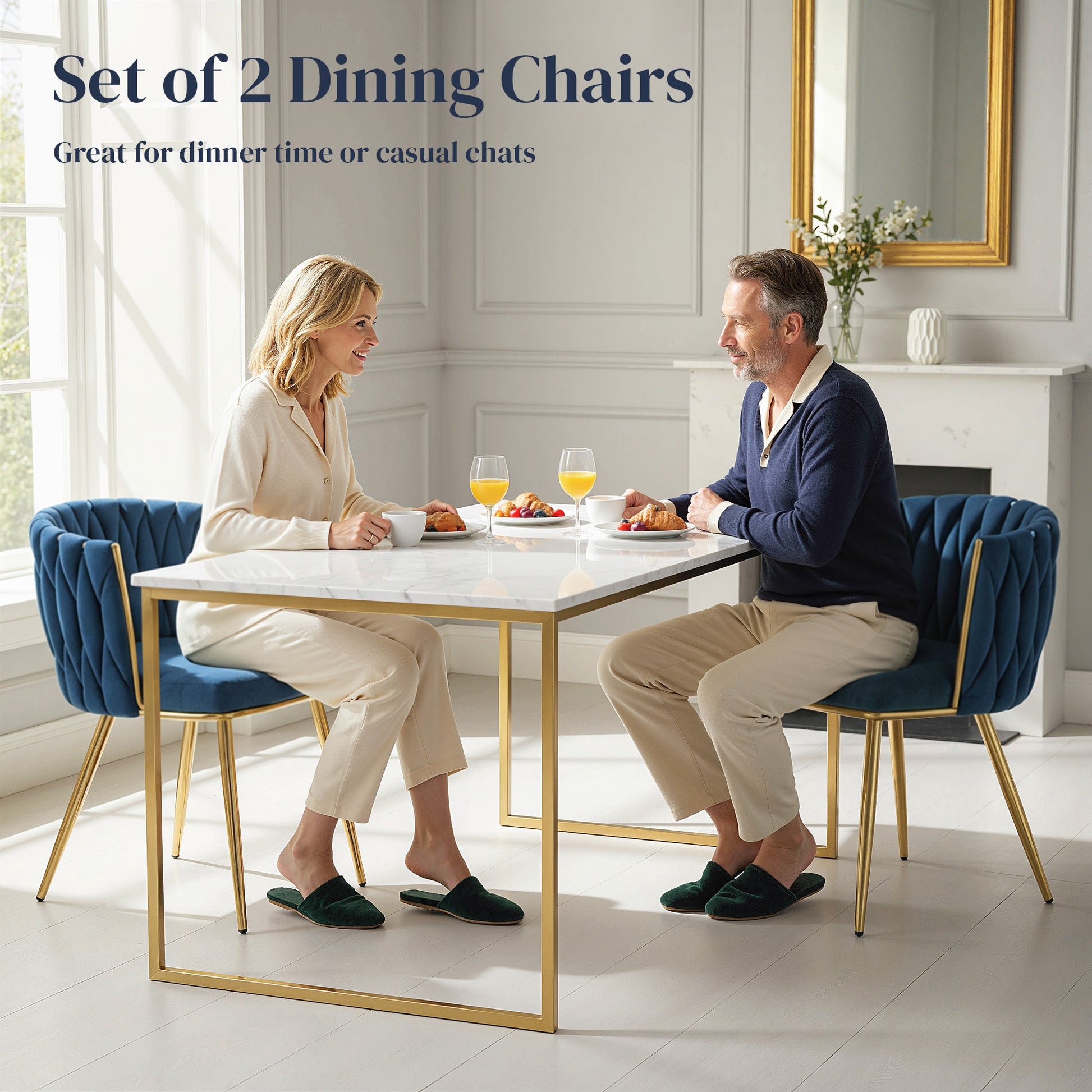Velvet-Feel Dining Chairs Set of 2, Modern Upholstered Kitchen Chairs with Woven Backrest and Armrests, Metal Legs and Padded Seat for Dining Room, Bedroom, Living Room, Dark Blue