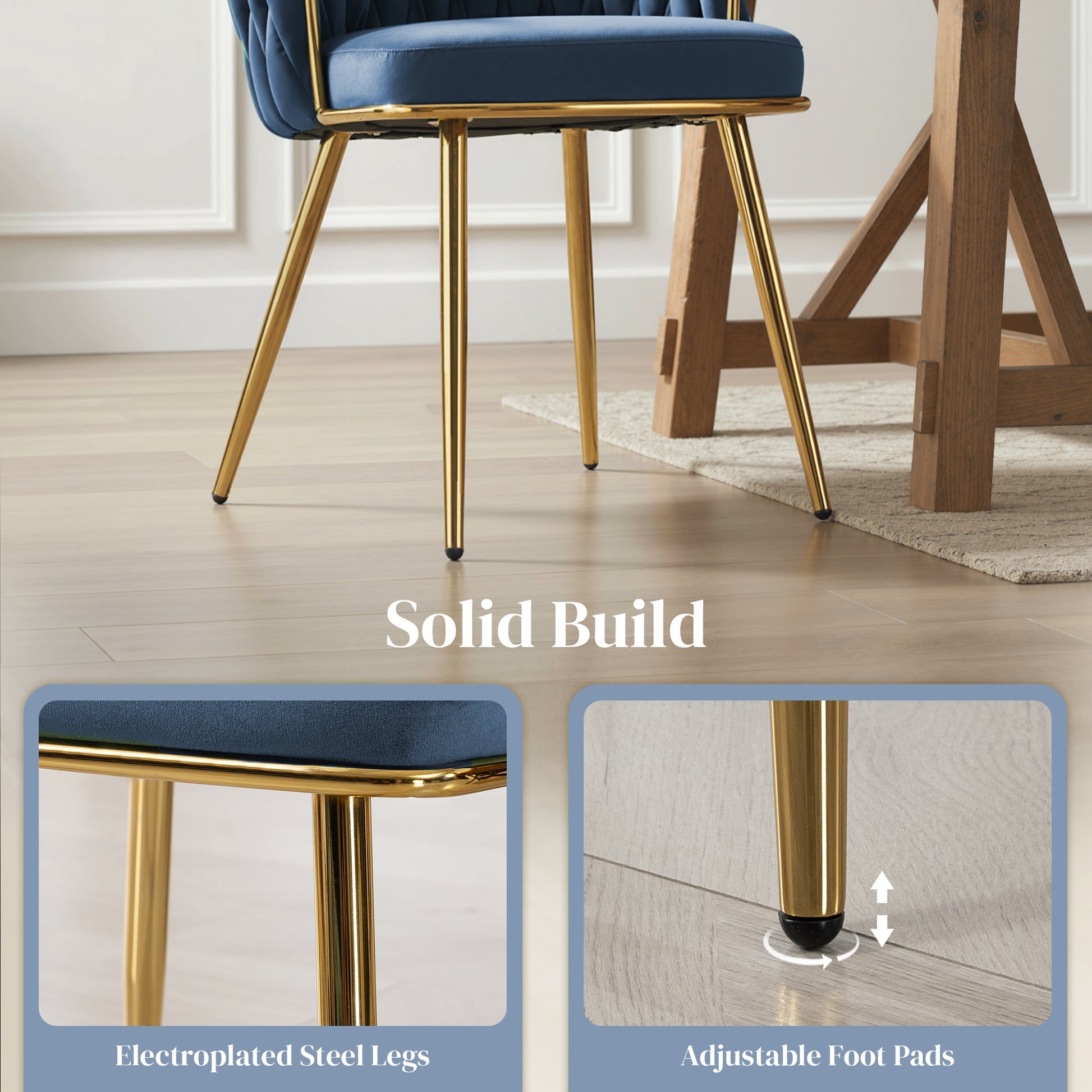 Velvet-Feel Dining Chairs Set of 2, Modern Upholstered Kitchen Chairs with Woven Backrest and Armrests, Metal Legs and Padded Seat for Dining Room, Bedroom, Living Room, Dark Blue
