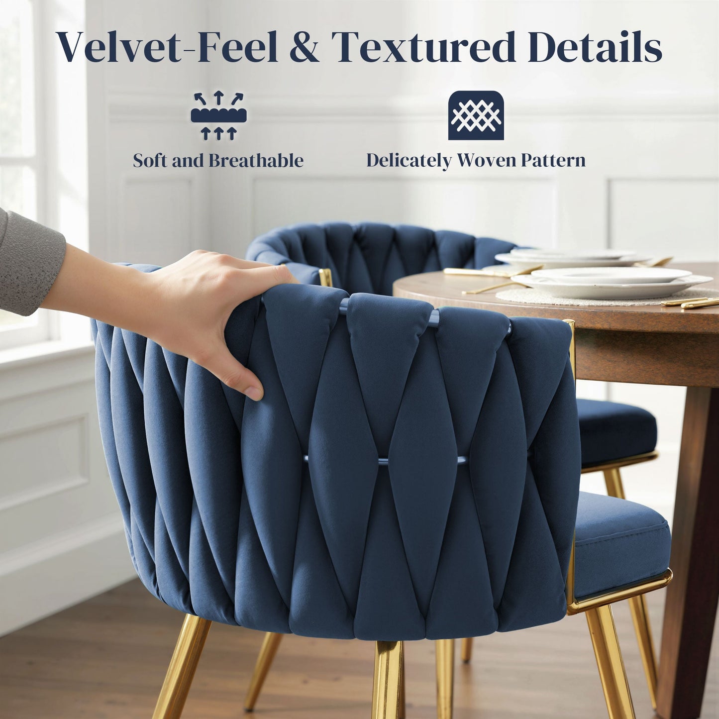 Velvet-Feel Dining Chairs Set of 2, Modern Upholstered Kitchen Chairs with Woven Backrest and Armrests, Metal Legs and Padded Seat for Dining Room, Bedroom, Living Room, Dark Blue