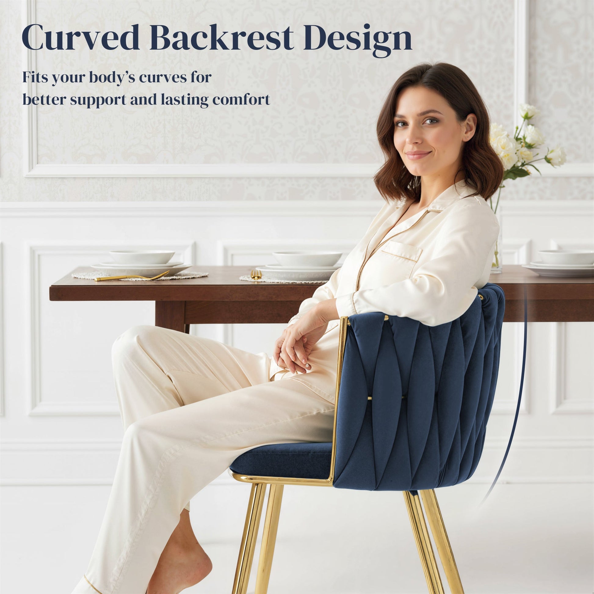 Velvet-Feel Dining Chairs Set of 2, Modern Upholstered Kitchen Chairs with Woven Backrest and Armrests, Metal Legs and Padded Seat for Dining Room, Bedroom, Living Room, Dark Blue