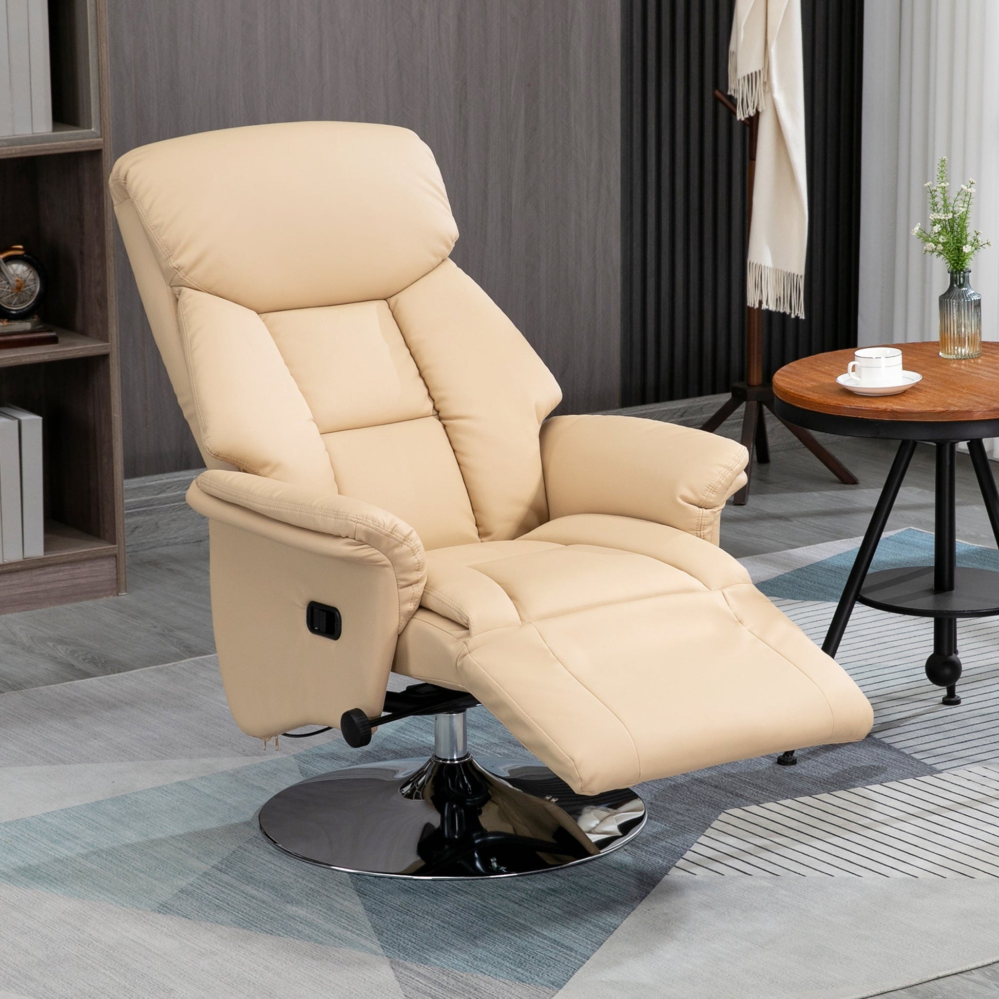 Manual Recliner Chair for Adults, Adjustable Swivel Recliner with Footrest, Padded Arms, PU Leather Upholstery and Steel Base for Living Room, Beige