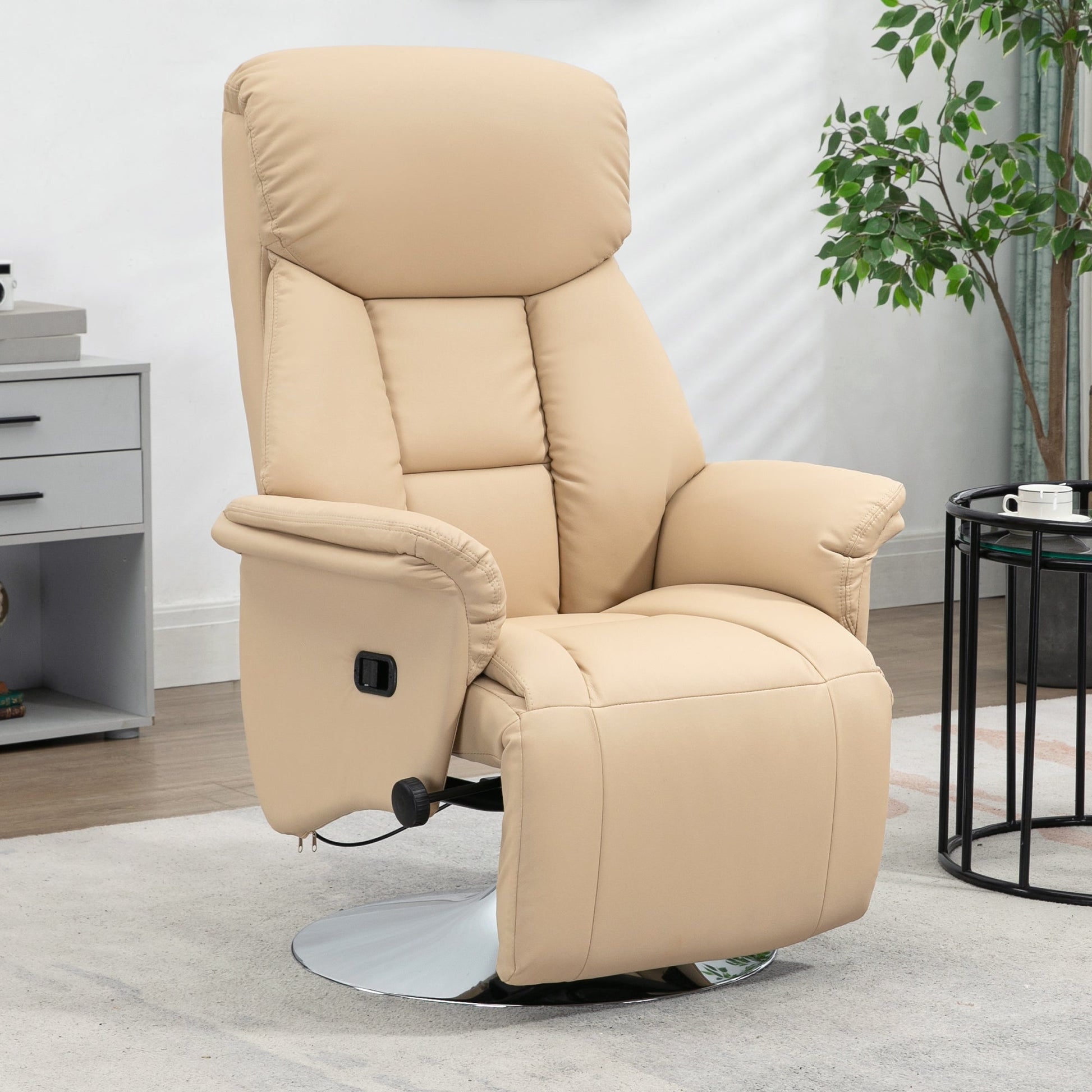 Manual Recliner Chair for Adults, Adjustable Swivel Recliner with Footrest, Padded Arms, PU Leather Upholstery and Steel Base for Living Room, Beige