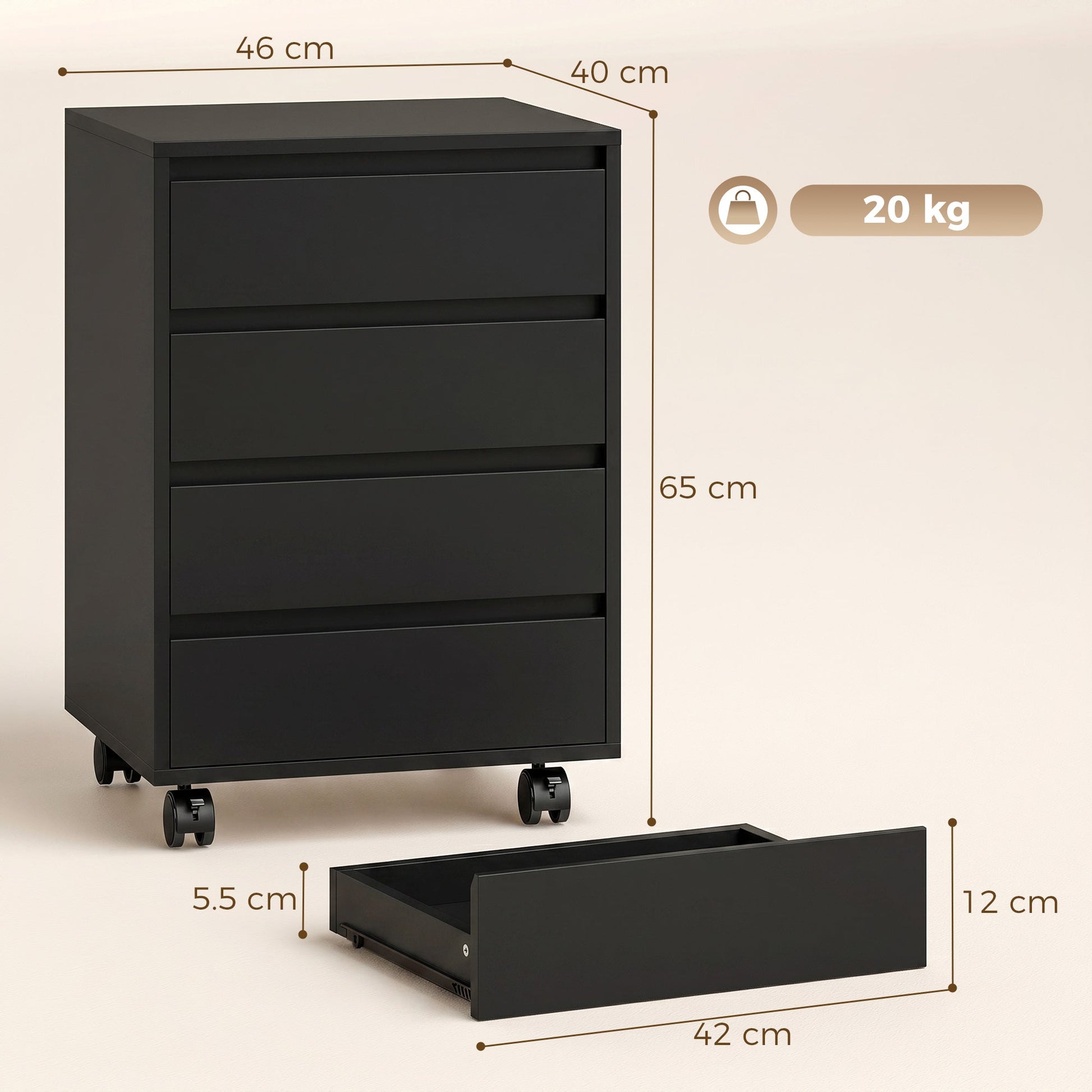 Mobile Filing Cabinet with 4 Drawers, Under Desk Storage Cabinet for Home Office, Black