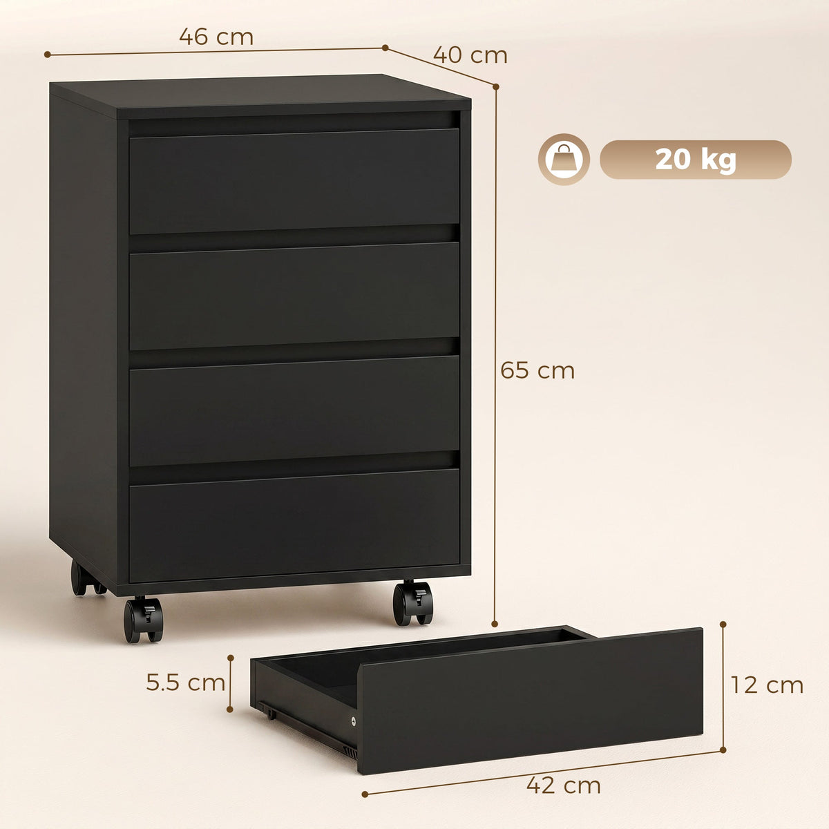 Mobile Filing Cabinet with 4 Drawers, Under Desk Storage Cabinet for Home Office, Black