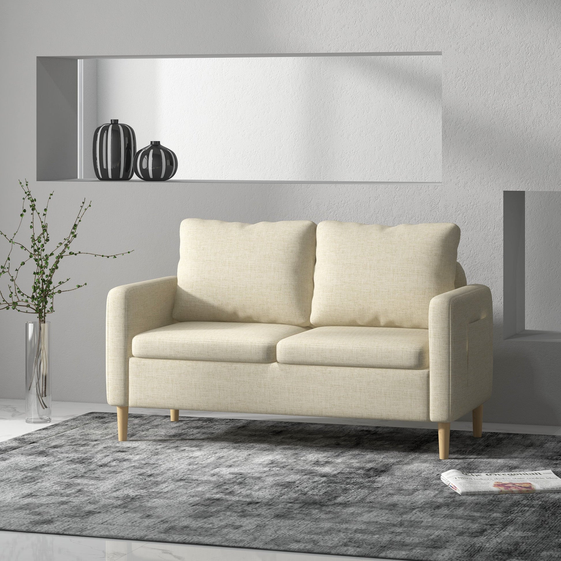 HOMCOM Two Seater Sofa for Living Room, Modern Fabric Couch with Wood Legs and 2 Pockets for Bedroom and Home Office, Beige