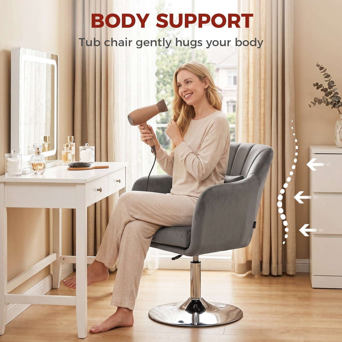 Swivel Accent Chair, Velvet Fabric Tub Vanity Chair, Modern Armchair with Adjustable Height and Lumbar Support for Living Room Bedroom Salon Make up Room Dressing Table, Grey