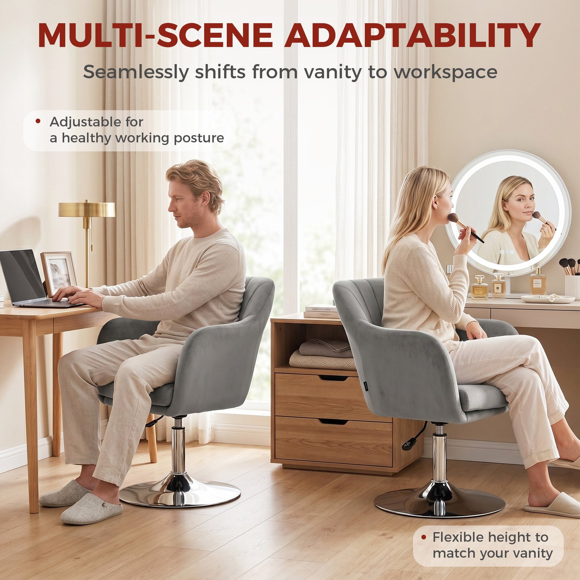 Swivel Accent Chair, Velvet Fabric Tub Vanity Chair, Modern Armchair with Adjustable Height and Lumbar Support for Living Room Bedroom Salon Make up Room Dressing Table, Grey