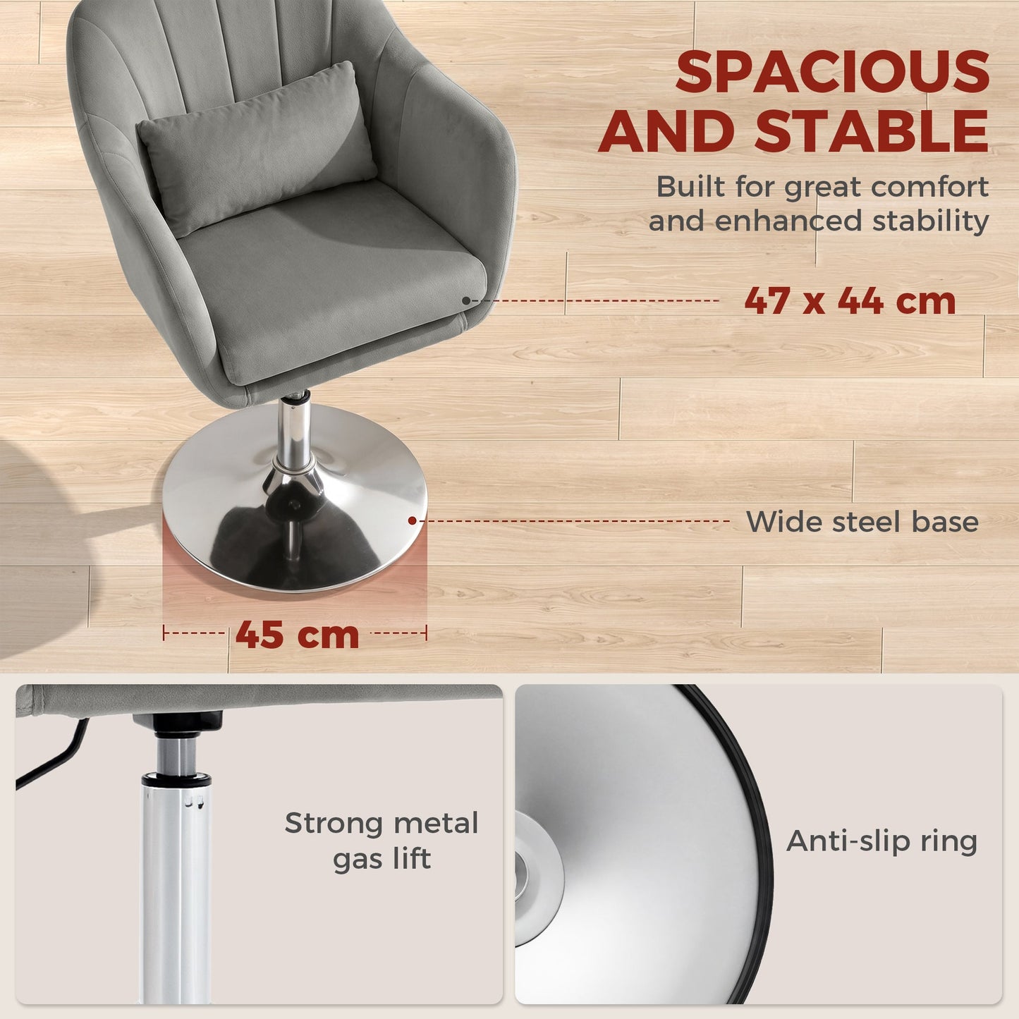 Swivel Accent Chair, Velvet Fabric Tub Vanity Chair, Modern Armchair with Adjustable Height and Lumbar Support for Living Room Bedroom Salon Make up Room Dressing Table, Grey