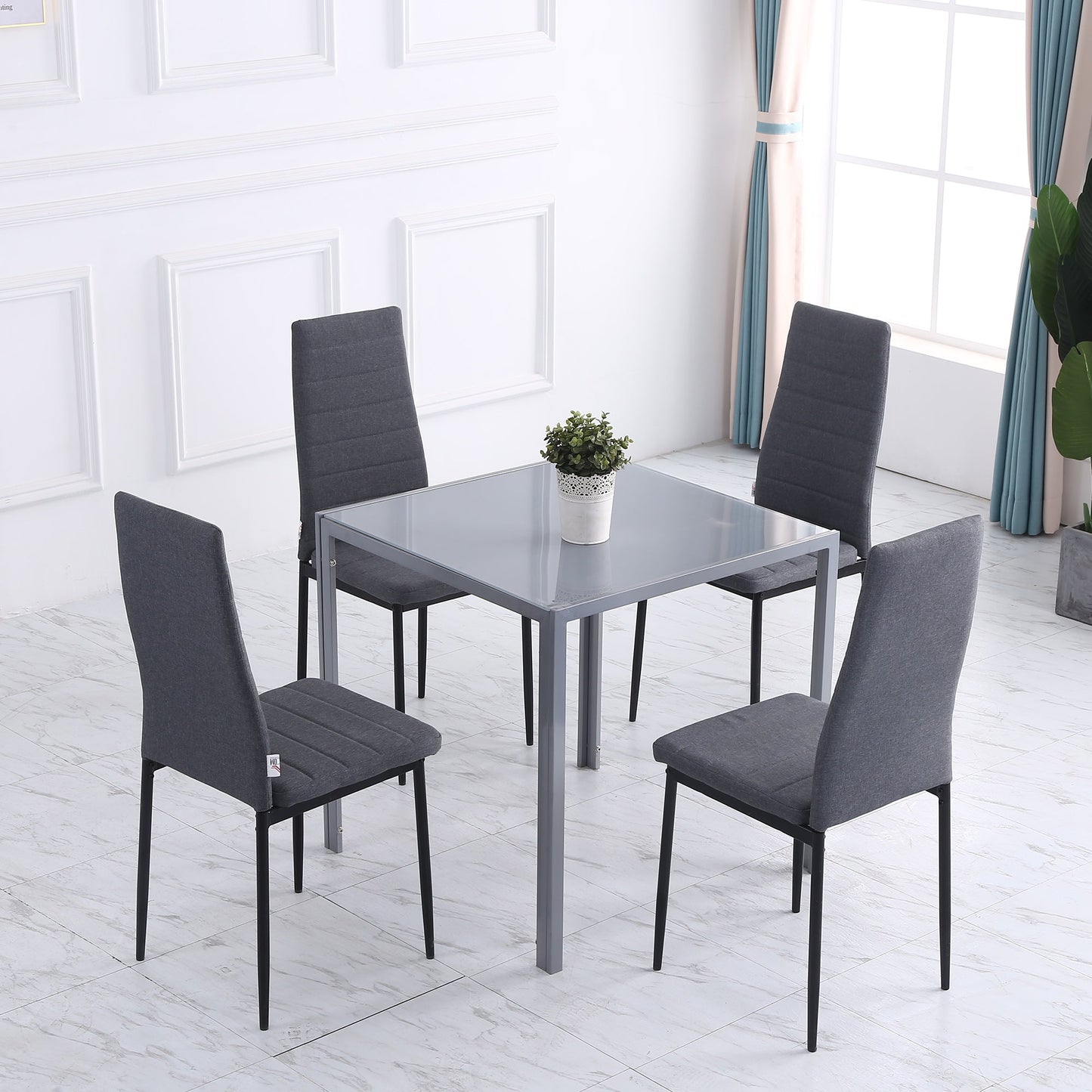 High Back Dining Chairs Modern Upholstered Linen-Touch Fabric Accent Chairs with Metal Legs for Kitchen, Set of 4, Grey