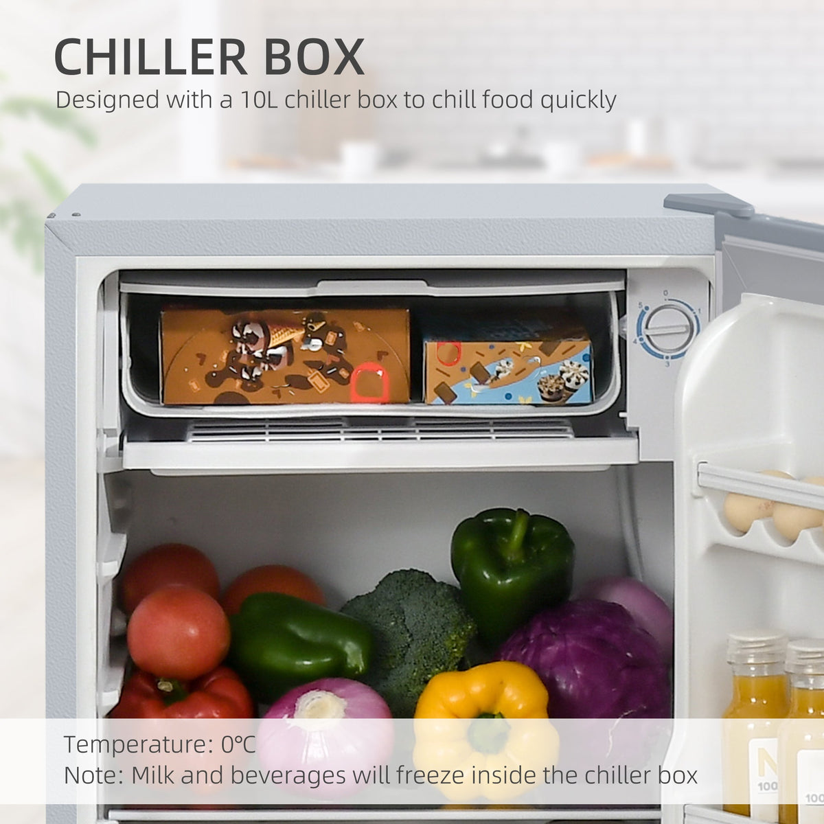 HOMCOM 91 Litre Freestanding Under Counter Fridge Freezer with Chiller Box, Reversible Door, Adjustable Thermostat, 47.5cm Wide, Grey