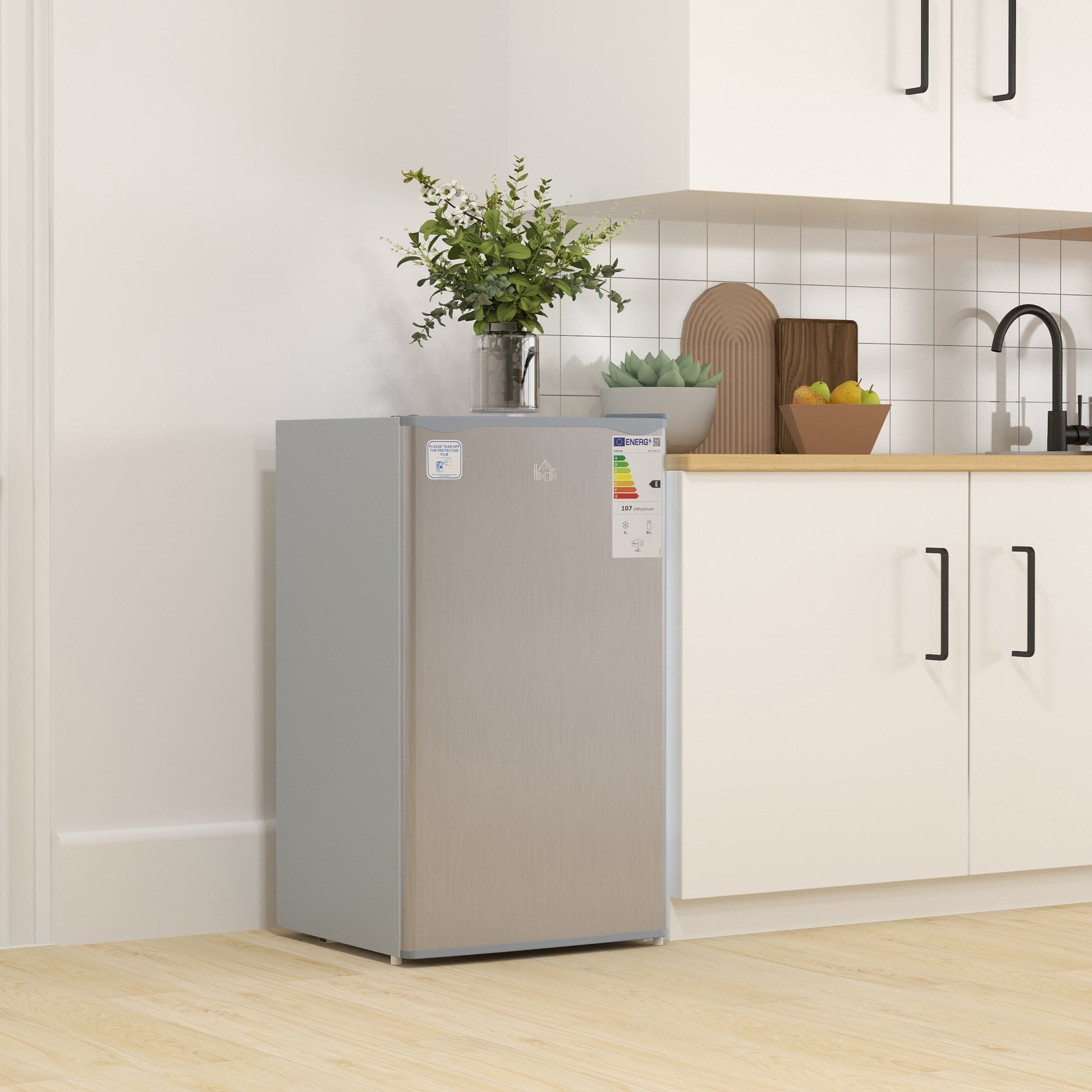 HOMCOM 91 Litre Freestanding Under Counter Fridge Freezer with Chiller Box, Reversible Door, Adjustable Thermostat, 47.5cm Wide, Grey