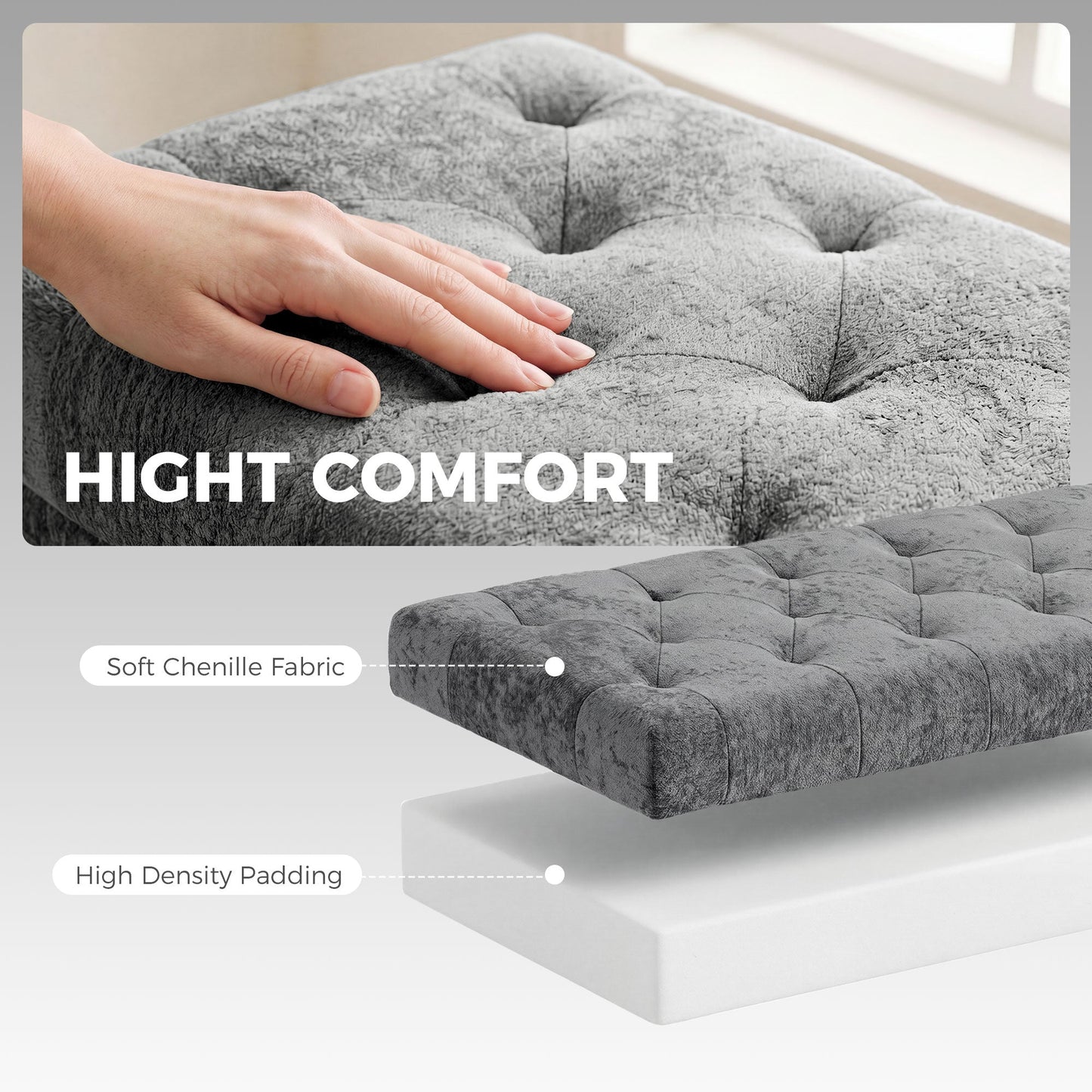 Storage Ottoman, Chenille Upholstered Ottoman Storage Box with Padded Seat, End of Bed Bench with Metal Legs for Bedroom, Hallway, Living Room, 114 x 41 x 45 cm, Grey