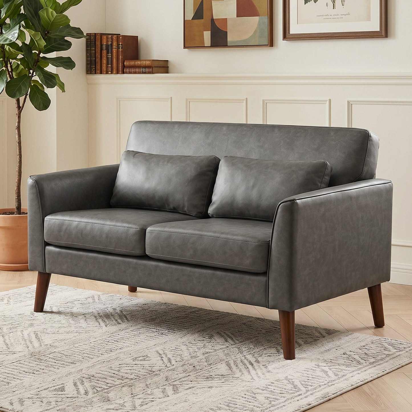 2 Seater Sofa, 132 cm Modern Small Sofa, PU Leather Upholstered Loveseat with Solid Wood Legs and 2 Pillows, Couch Settee for Small Space, Living Room, Bedroom, Home Office, Grey