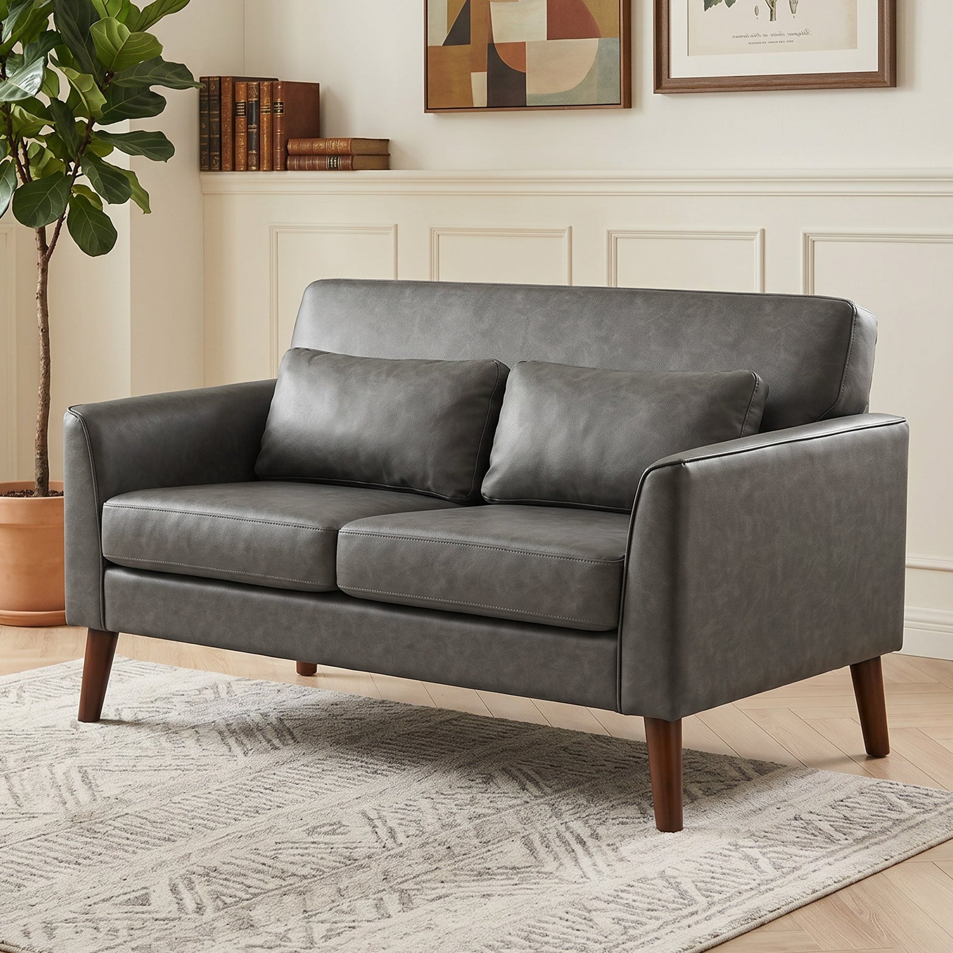 2 Seater Sofa, 132 cm Modern Small Sofa, PU Leather Upholstered Loveseat with Solid Wood Legs and 2 Pillows, Couch Settee for Small Space, Living Room, Bedroom, Home Office, Grey