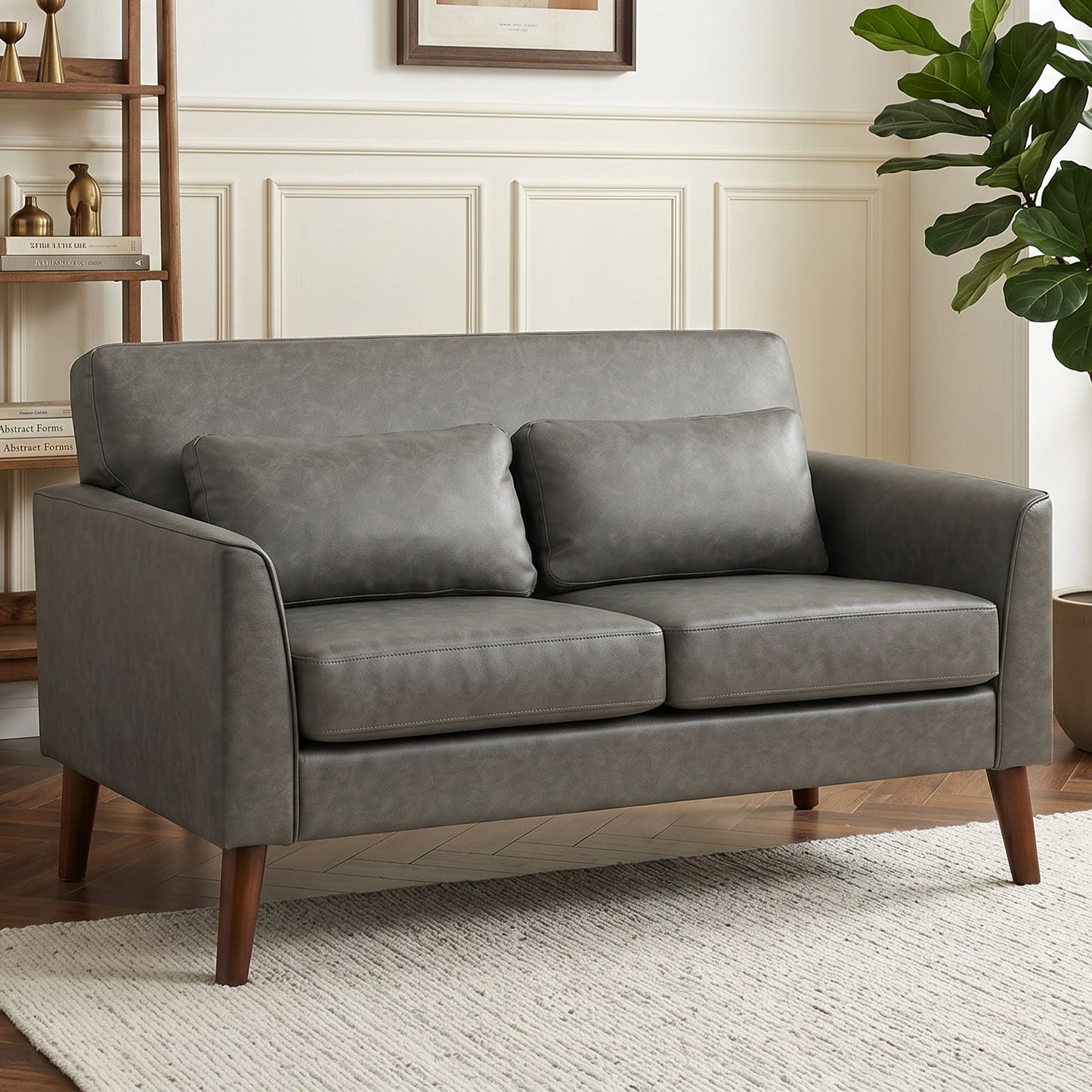2 Seater Sofa, 132 cm Modern Small Sofa, PU Leather Upholstered Loveseat with Solid Wood Legs and 2 Pillows, Couch Settee for Small Space, Living Room, Bedroom, Home Office, Grey