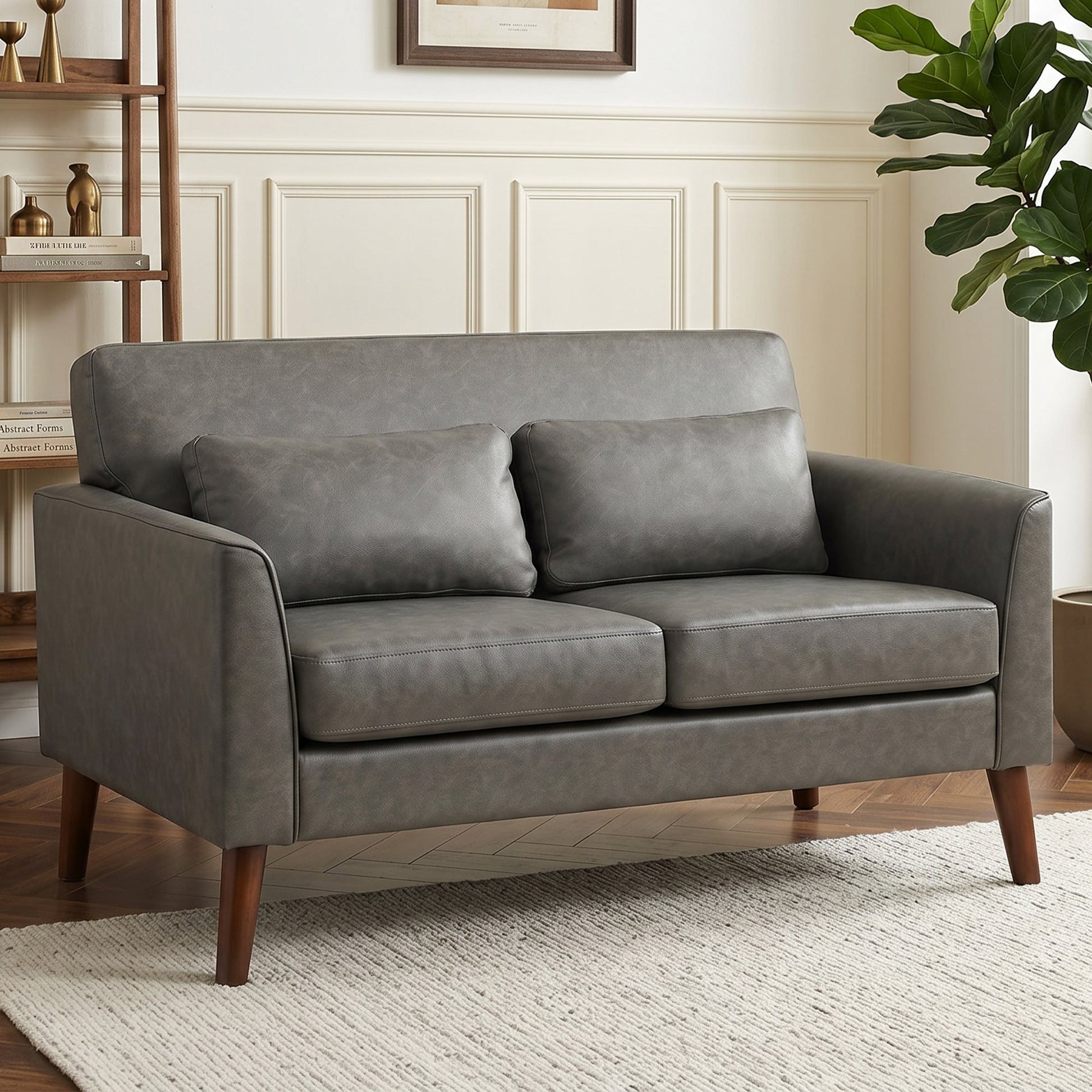 2 Seater Sofa, 132 cm Modern Small Sofa, PU Leather Upholstered Loveseat with Solid Wood Legs and 2 Pillows, Couch Settee for Small Space, Living Room, Bedroom, Home Office, Grey