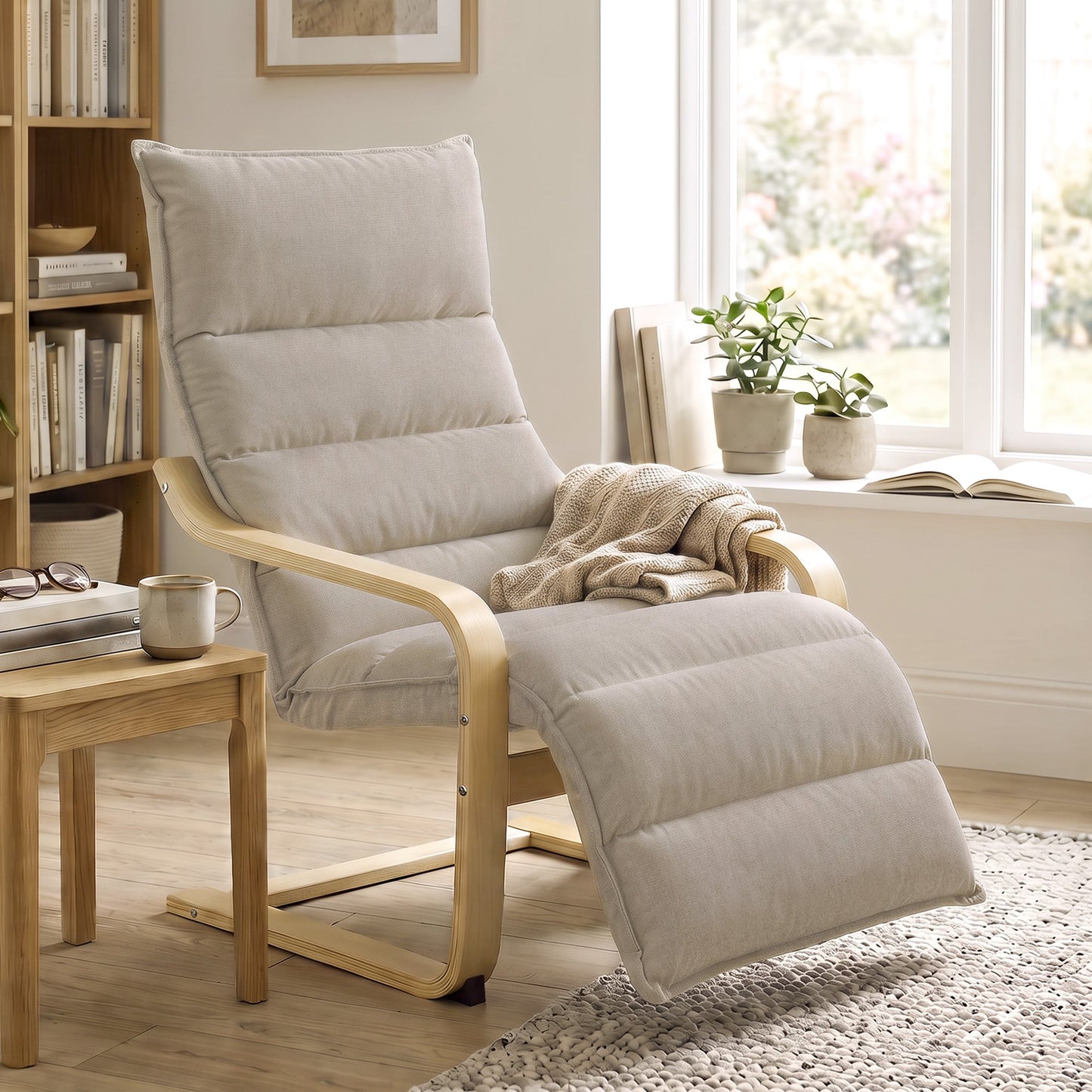 Armchair with Adjustable Footrest, Velvet Upholstered Accent Chair, Modern Poang Chair for Living Room, Bedroom, Balcony, Office, Light Brown