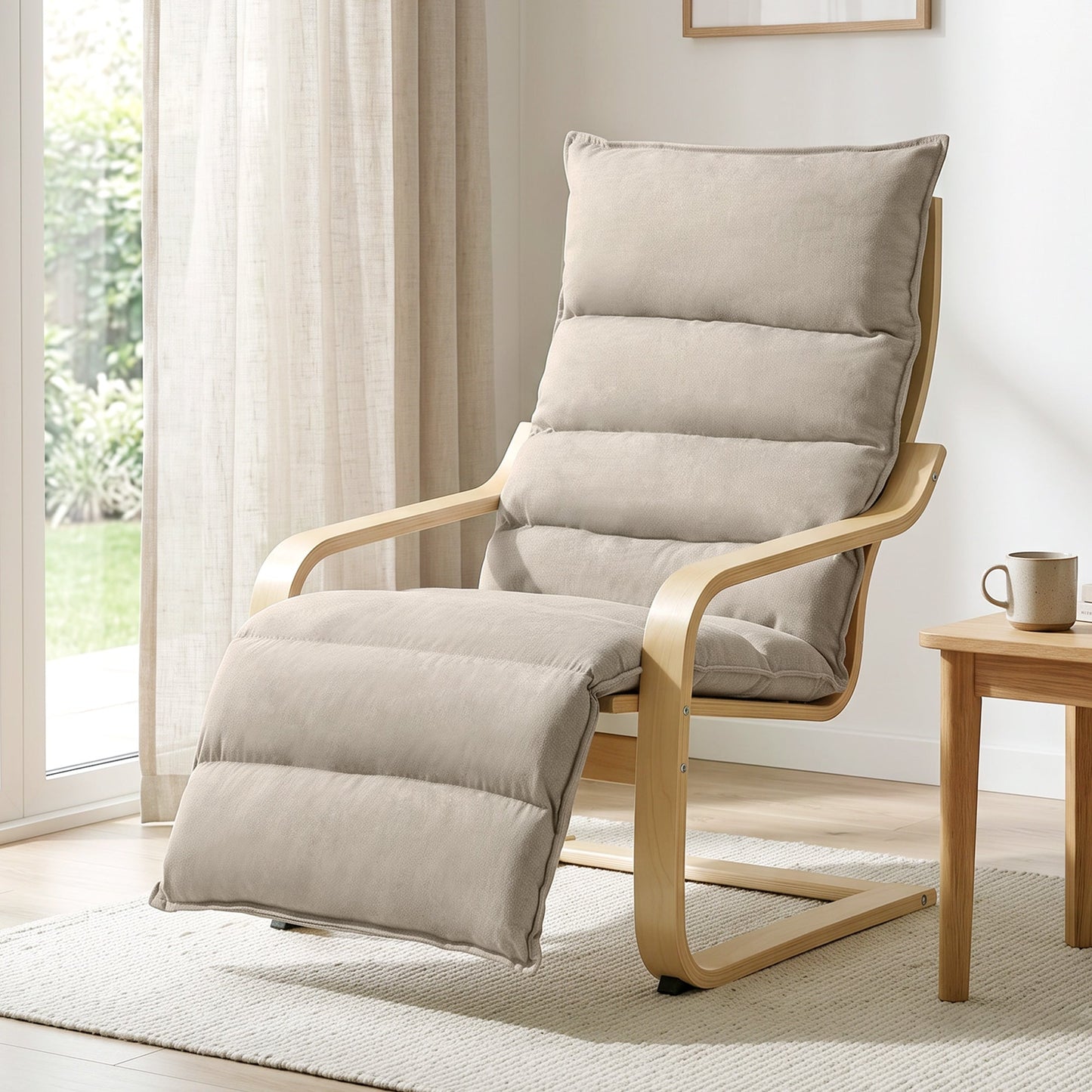 Armchair with Adjustable Footrest, Velvet Upholstered Accent Chair, Modern Poang Chair for Living Room, Bedroom, Balcony, Office, Light Brown