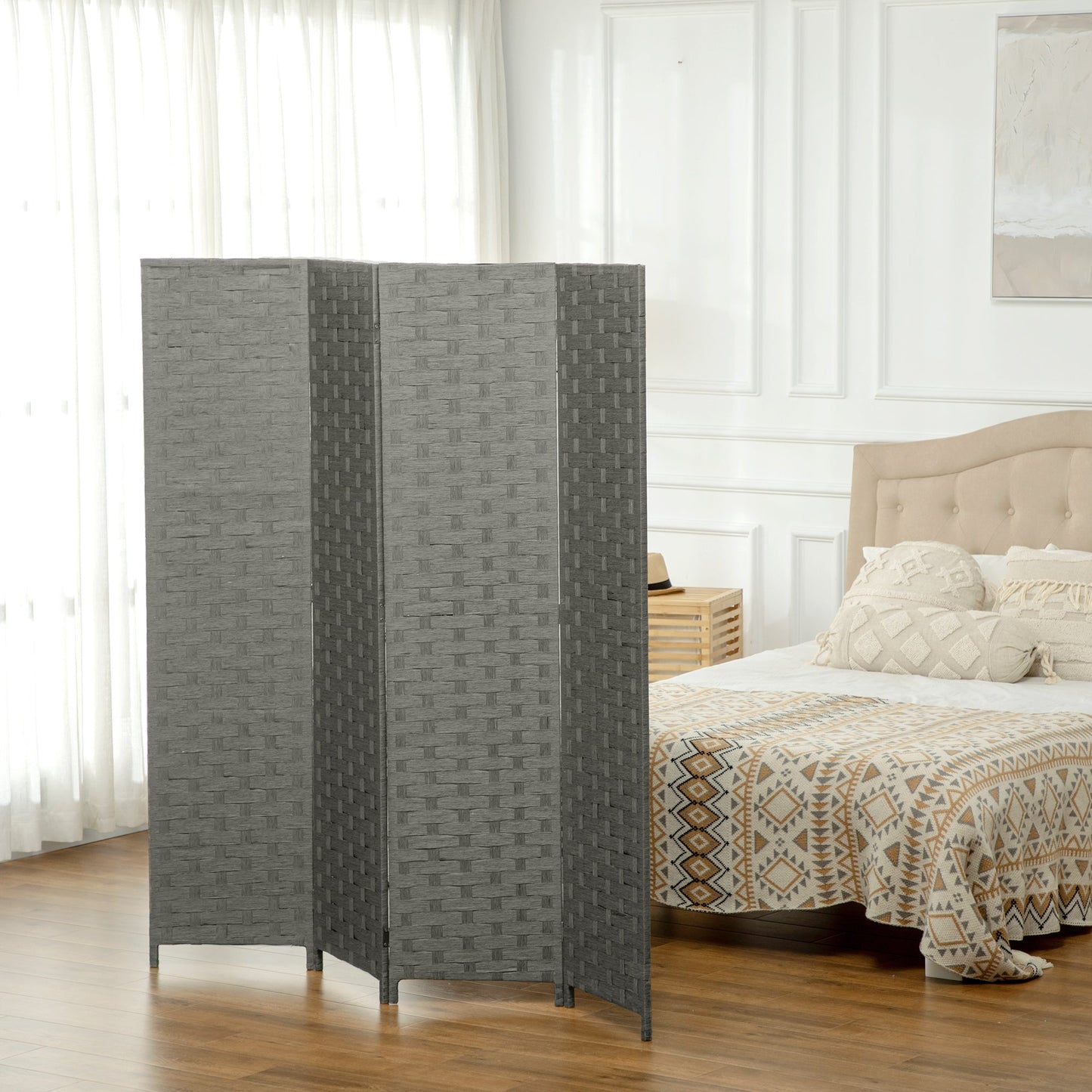 HOMCOM 4-Panel Room Dividers, Wave Fibre Freestanding Folding Privacy Screen Panels, Partition Wall Divider for Indoor Bedroom Office, 170 cm, Grey