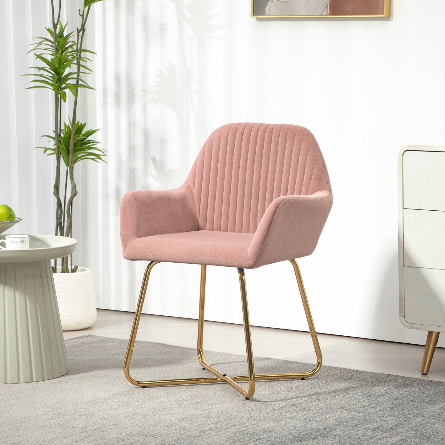 HOMCOM Modern Accent Chair, Velvet-Touch Fabric Upholstered Armchair with Metal Base for Living Room, Bedroom and Dinning Room, Pink