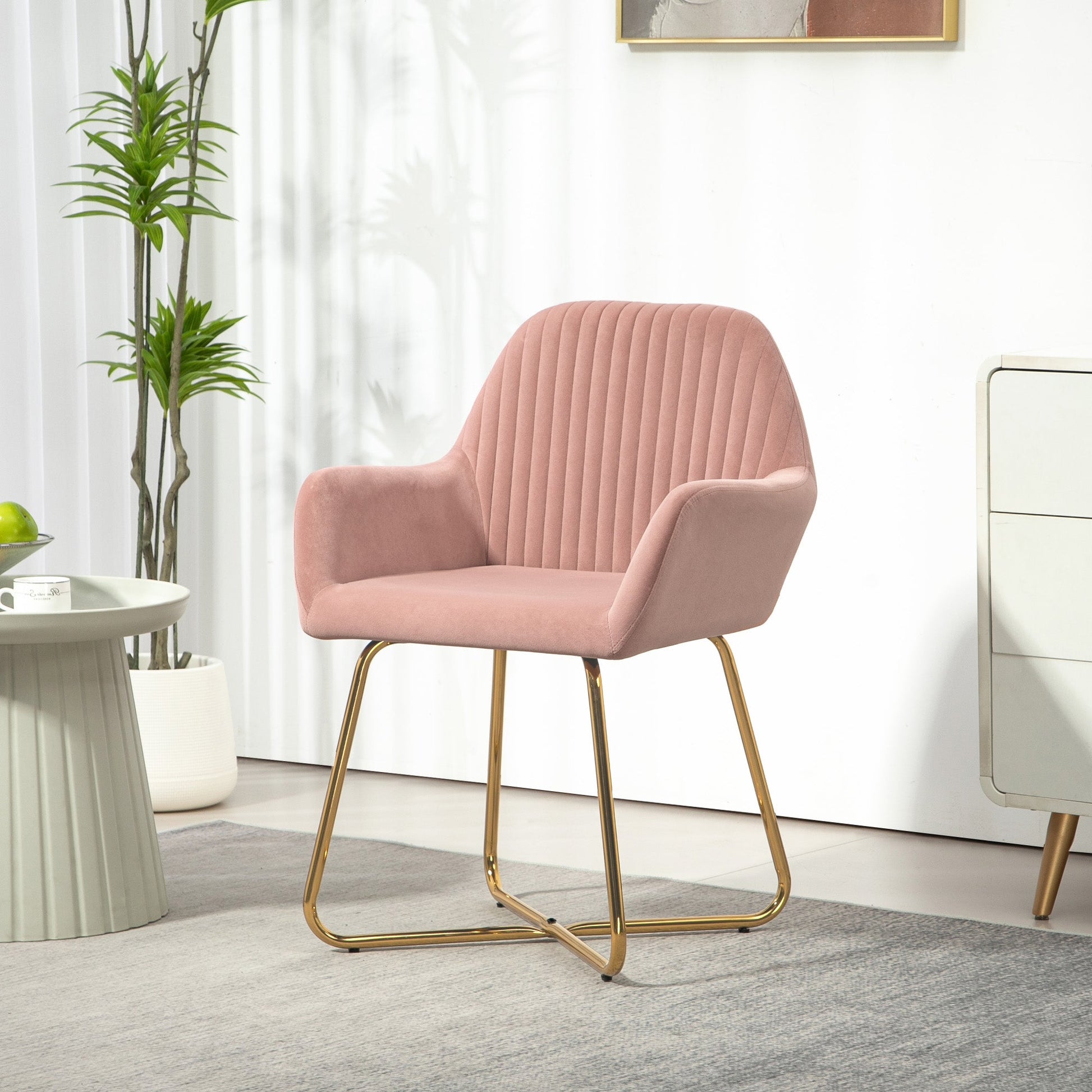 HOMCOM Modern Accent Chair, Velvet-Touch Fabric Upholstered Armchair with Metal Base for Living Room, Bedroom and Dinning Room, Pink