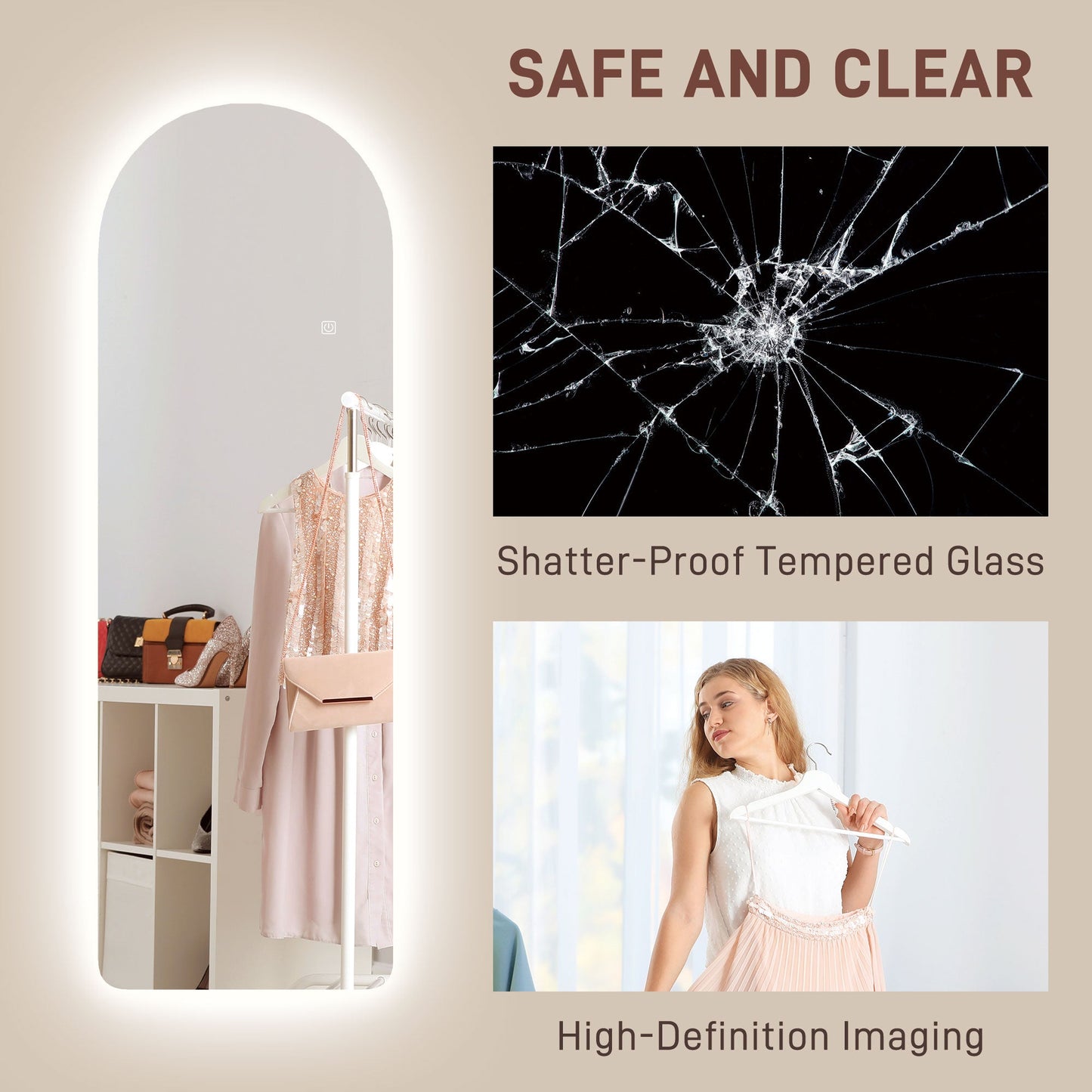 HOMCOM Arched Full Length Mirror with LED Lights, 120 x 40cm Backlit Frameless Wall Mirror with Dimming and 3 Colour Lighting for Living Room, Bedroom, Clear