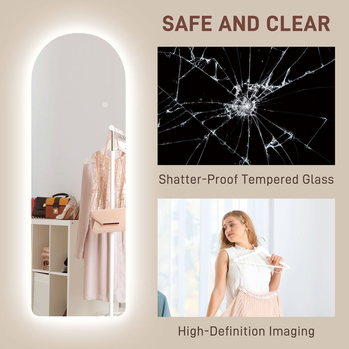 HOMCOM Arched Full Length Mirror with LED Lights, 120 x 40cm Backlit Frameless Wall Mirror with Dimming and 3 Colour Lighting for Living Room, Bedroom, Clear