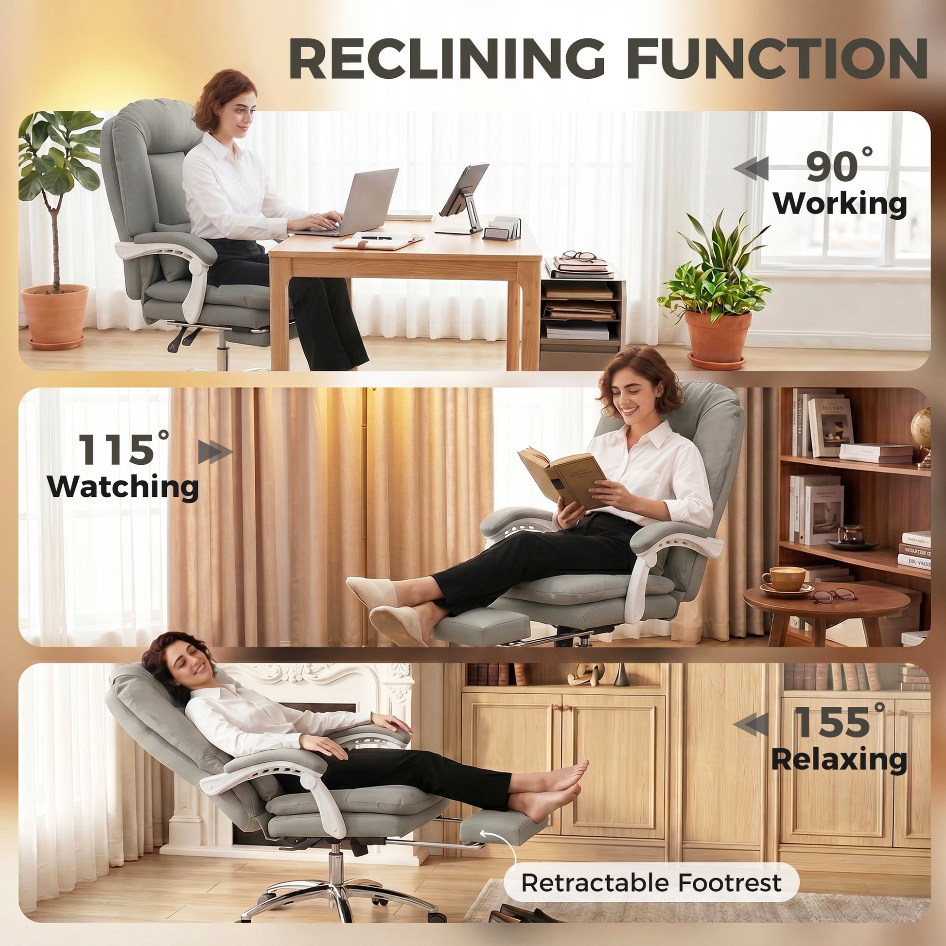 Ergonomic Executive Office Chair, Velvet Reclining Computer Desk Chair with Lumbar Support, Footrest, Plush Thick Cushion, 360° Swivel for Home Office, Grey