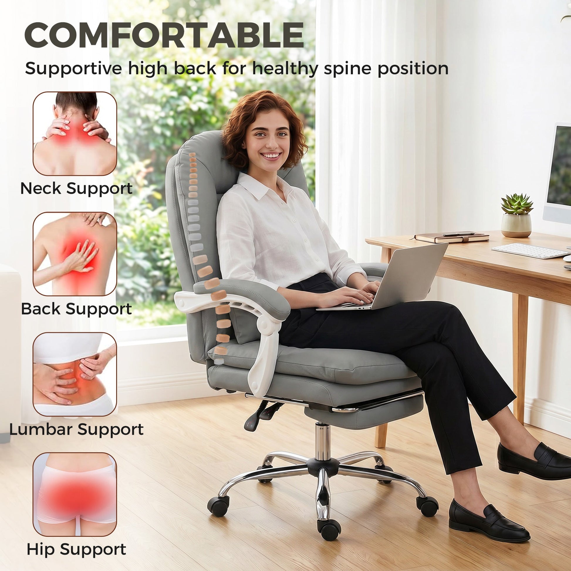 Ergonomic Executive Office Chair, Velvet Reclining Computer Desk Chair with Lumbar Support, Footrest, Plush Thick Cushion, 360° Swivel for Home Office, Grey