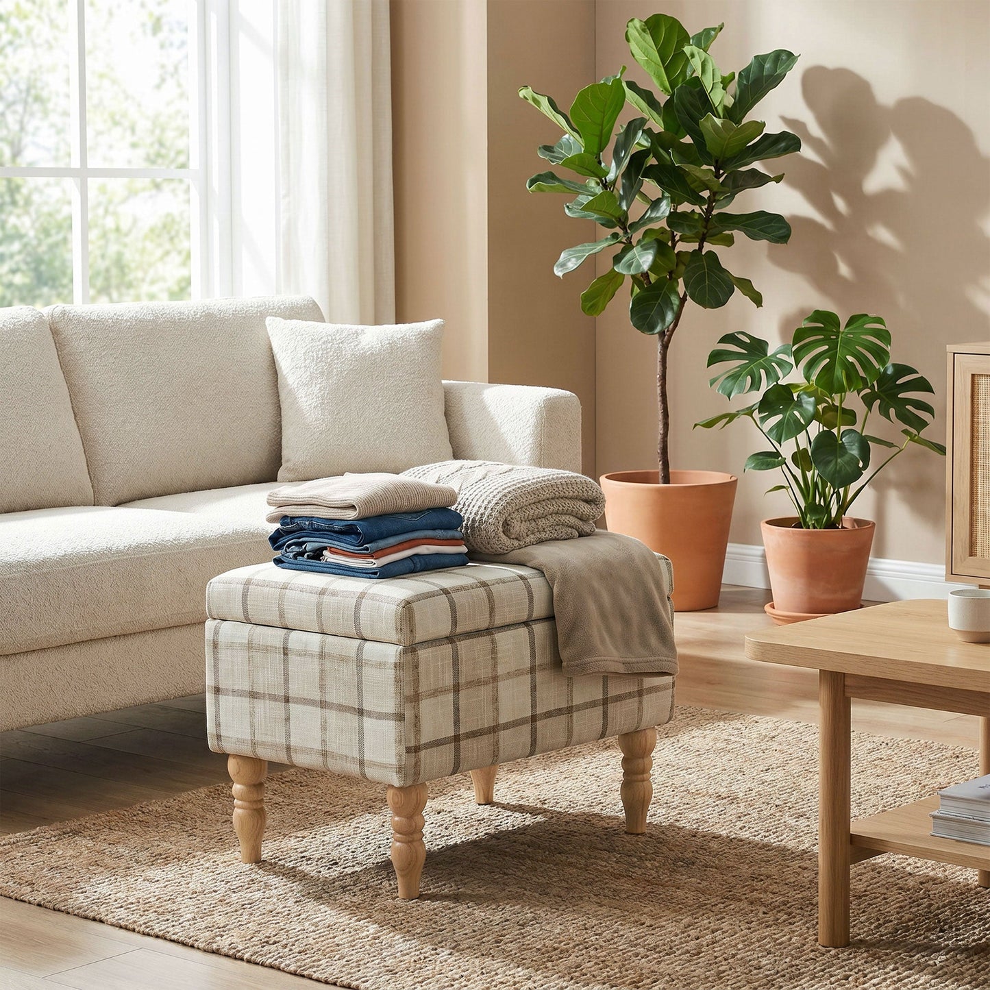 Rectangular Storage Stool, Linen-Look Fabric Upholstered Footstool with Removable Top, Padded Seat and Hidden Space for Living Room, Bedroom, Brown